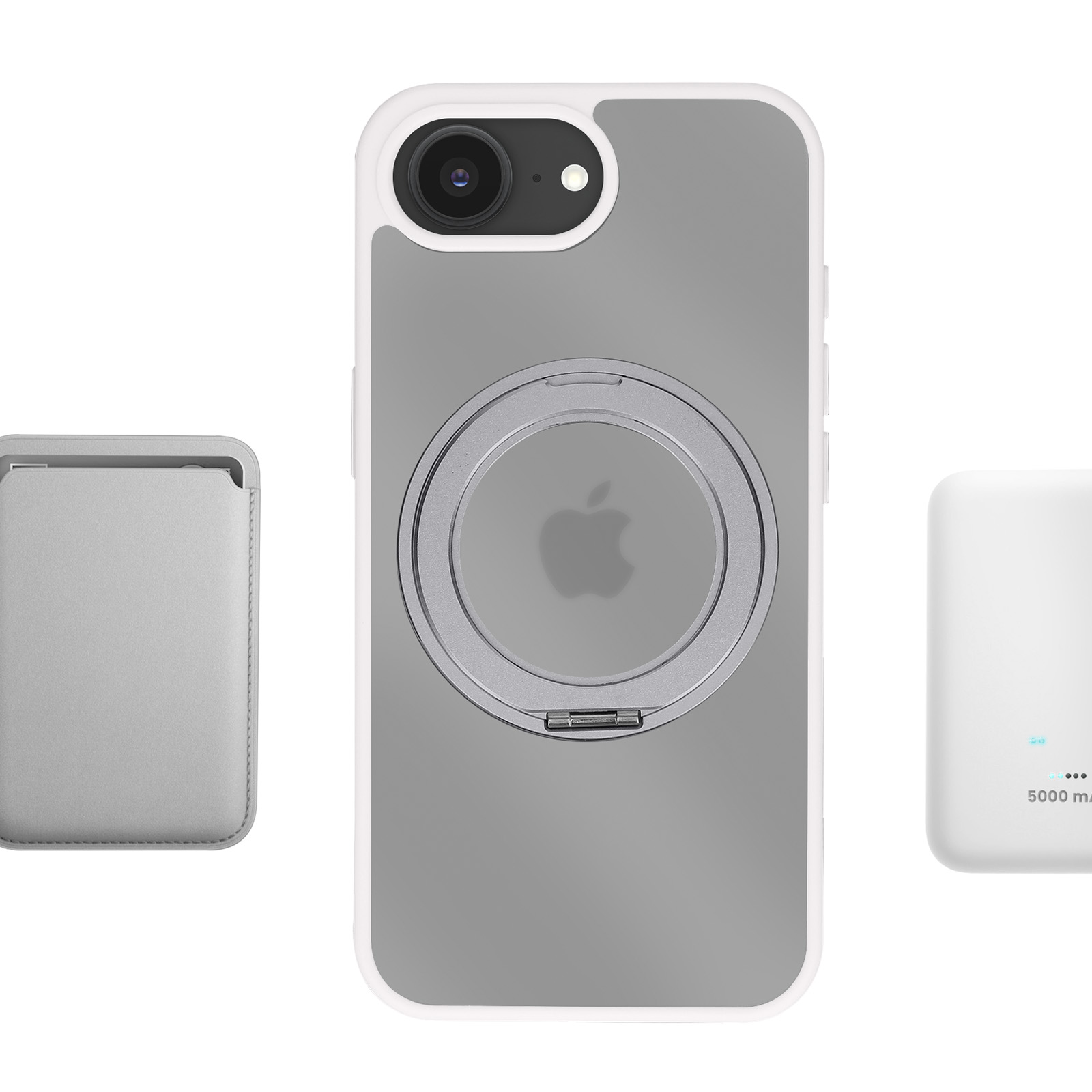 Graues iPhone mit Hülle und Ständer in der Mitte, flankiert von einer silbernen Brieftasche und einem Akku.