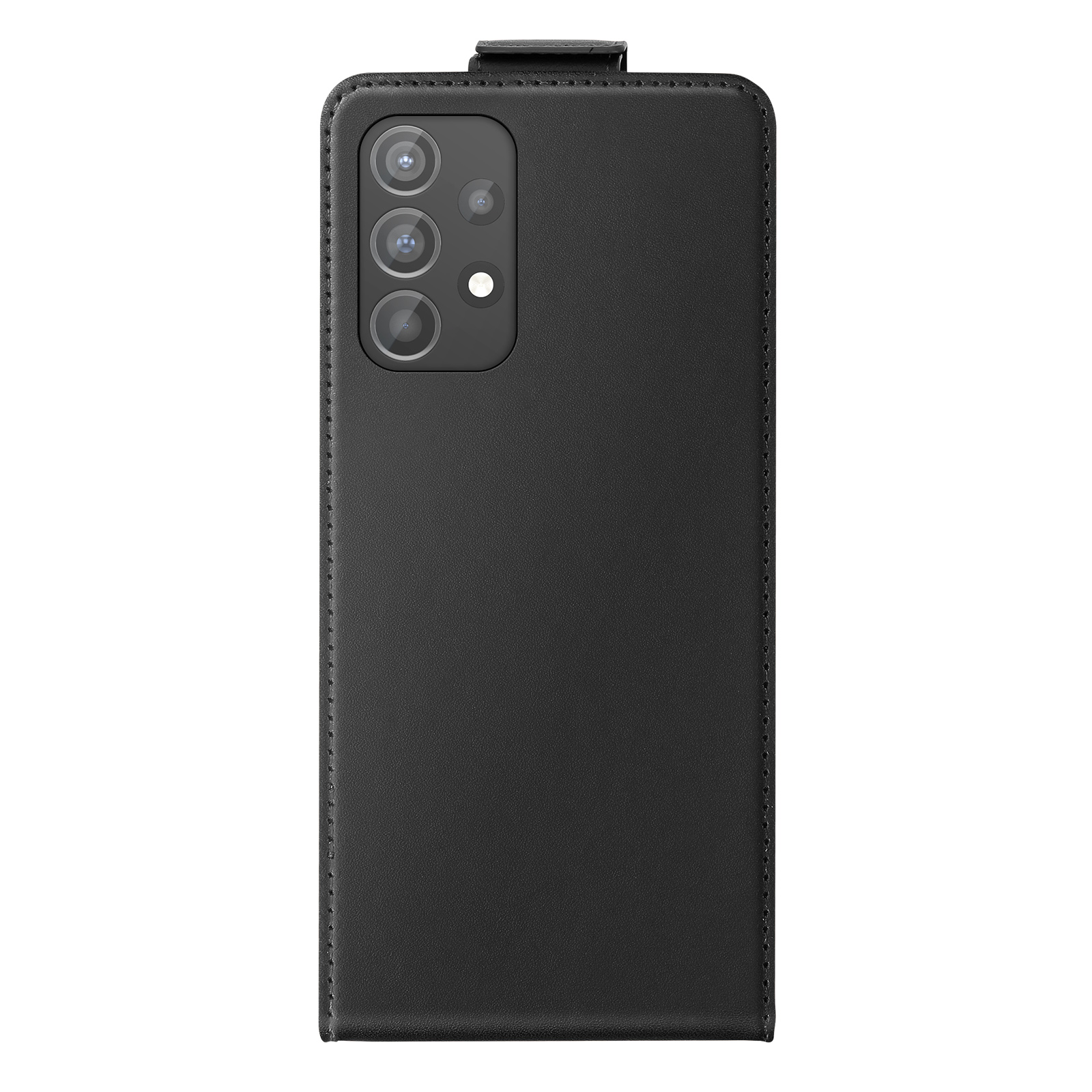 Schwarze Ledertasche für ein Smartphone mit Aussparungen für die Kamera auf der Rückseite.