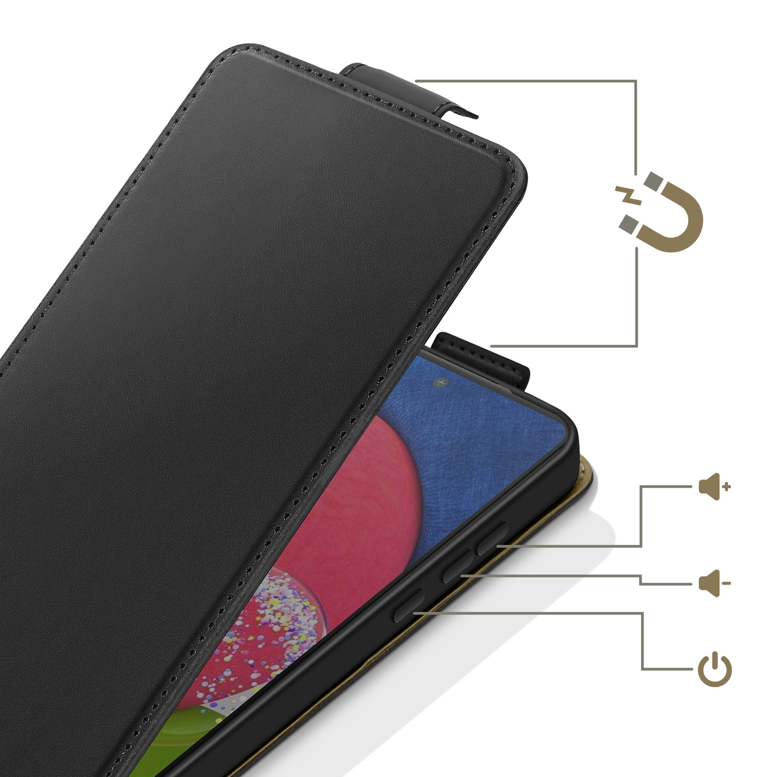 Schwarze Leder-Handyhülle mit Magnetverschluss und Diagrammen für Tasten.