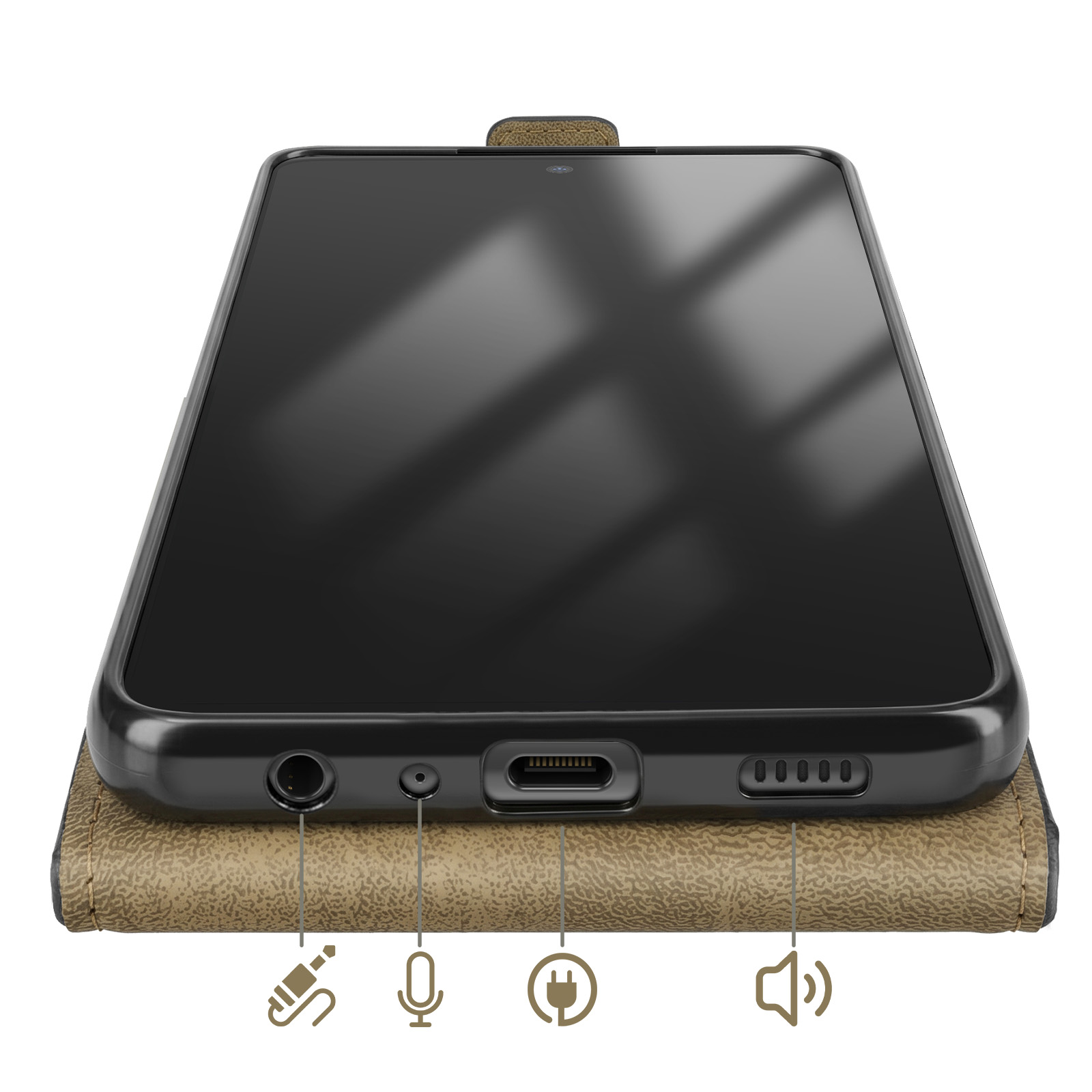 Ansicht der Unterseite eines Smartphones im braunen Lederetui mit Icons für Anschlüsse und Lautsprecher.