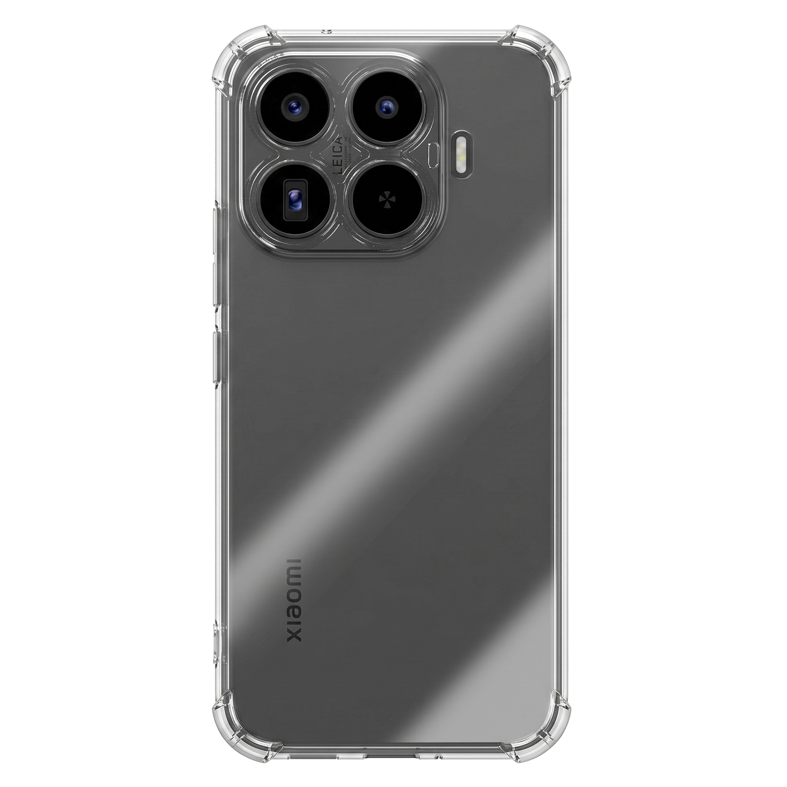 Ein Smartphone in einer klaren Schutzhülle zeigt das Vierfach-Kameramodul und das Xiaomi-Logo.