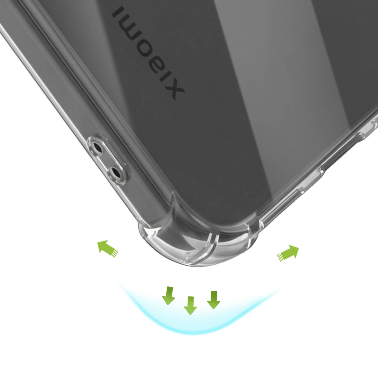 Nahaufnahme einer Smartphone-Ecke mit transparenter Schutzhülle und grünen Pfeilen.