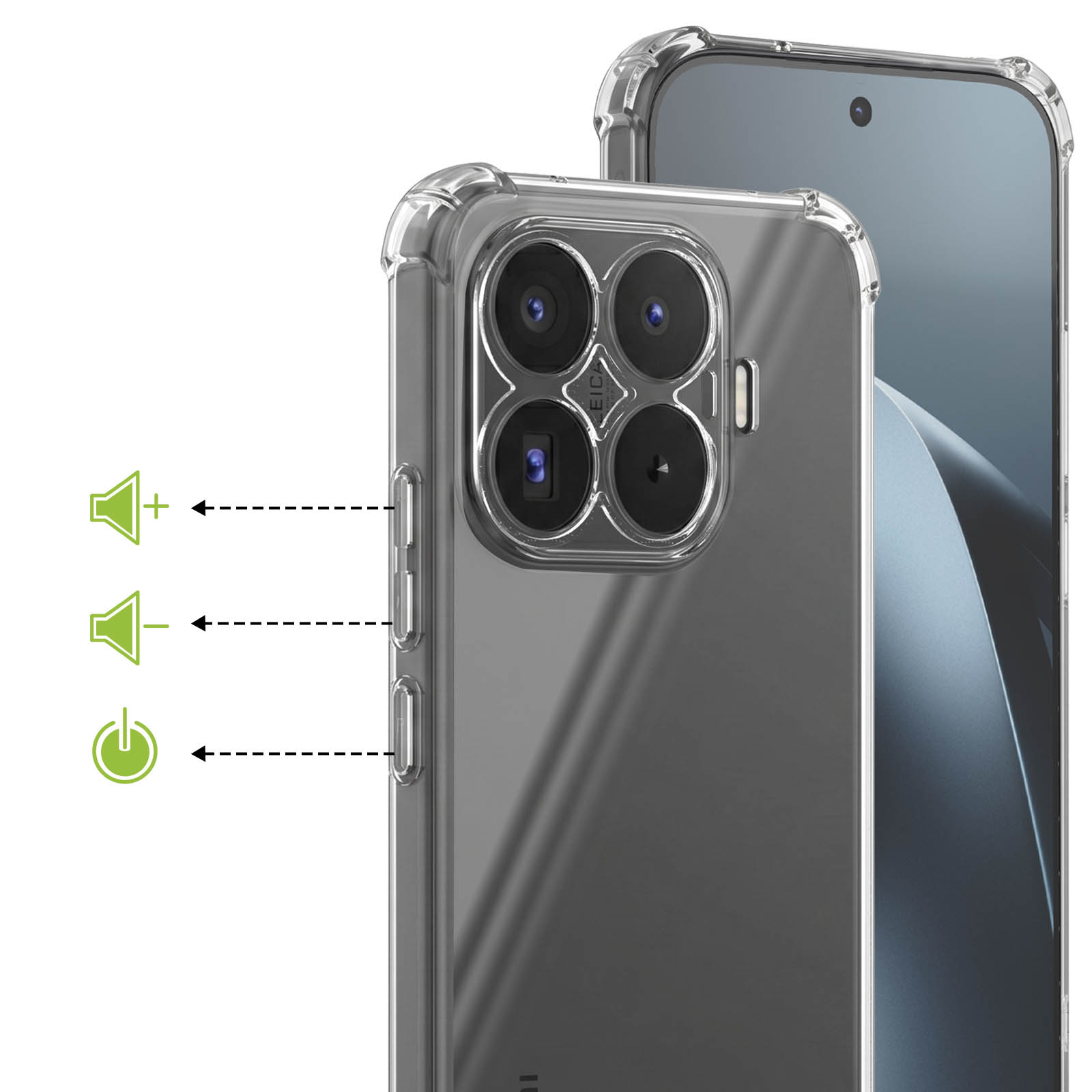 Smartphone in transparentem Cover, zeigt Lautstärke- und Ein/Aus-Tasten mit Symbolen.