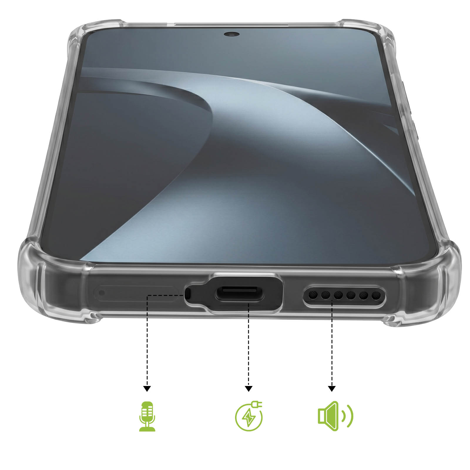 Ansicht der Unterseite eines Smartphones mit transparentem Schutzcase, inklusive Mikrofon, USB-C-Anschluss und Lautsprecher.