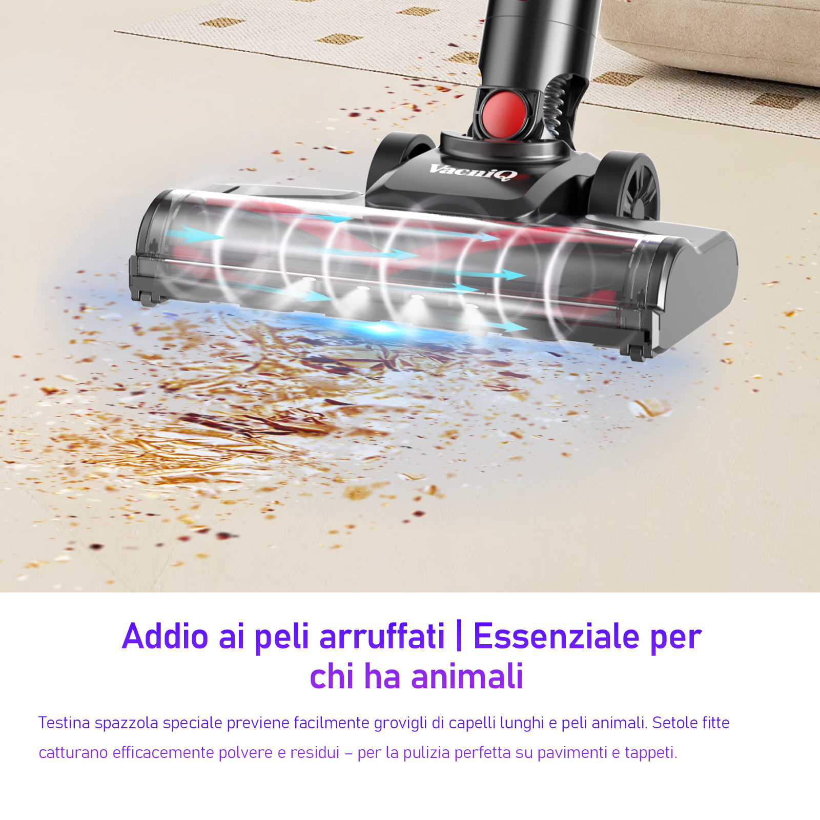 Una testina per aspirapolvere VacniQ nera pulisce i detriti da un pavimento chiaro.
