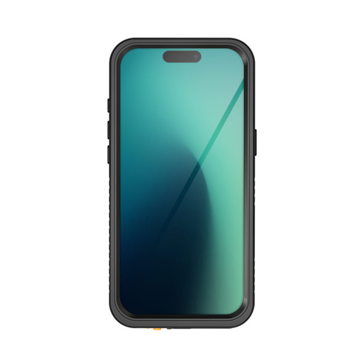 Ein Smartphone in einem schwarzen Schutzgehäuse mit einem blau-türkisfarbenen Farbverlauf auf dem Display.