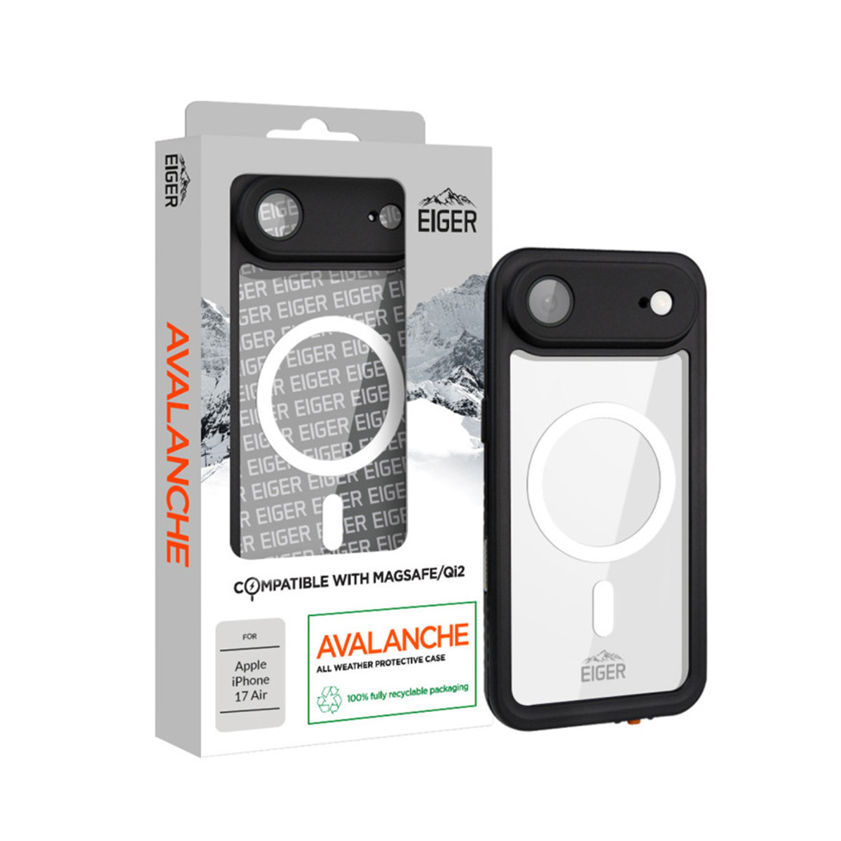 Eiger Avalanche Schutzhülle für Apple iPhone 17 Air in Verpackung, MagSafe-kompatibel, schwarz und weiß.