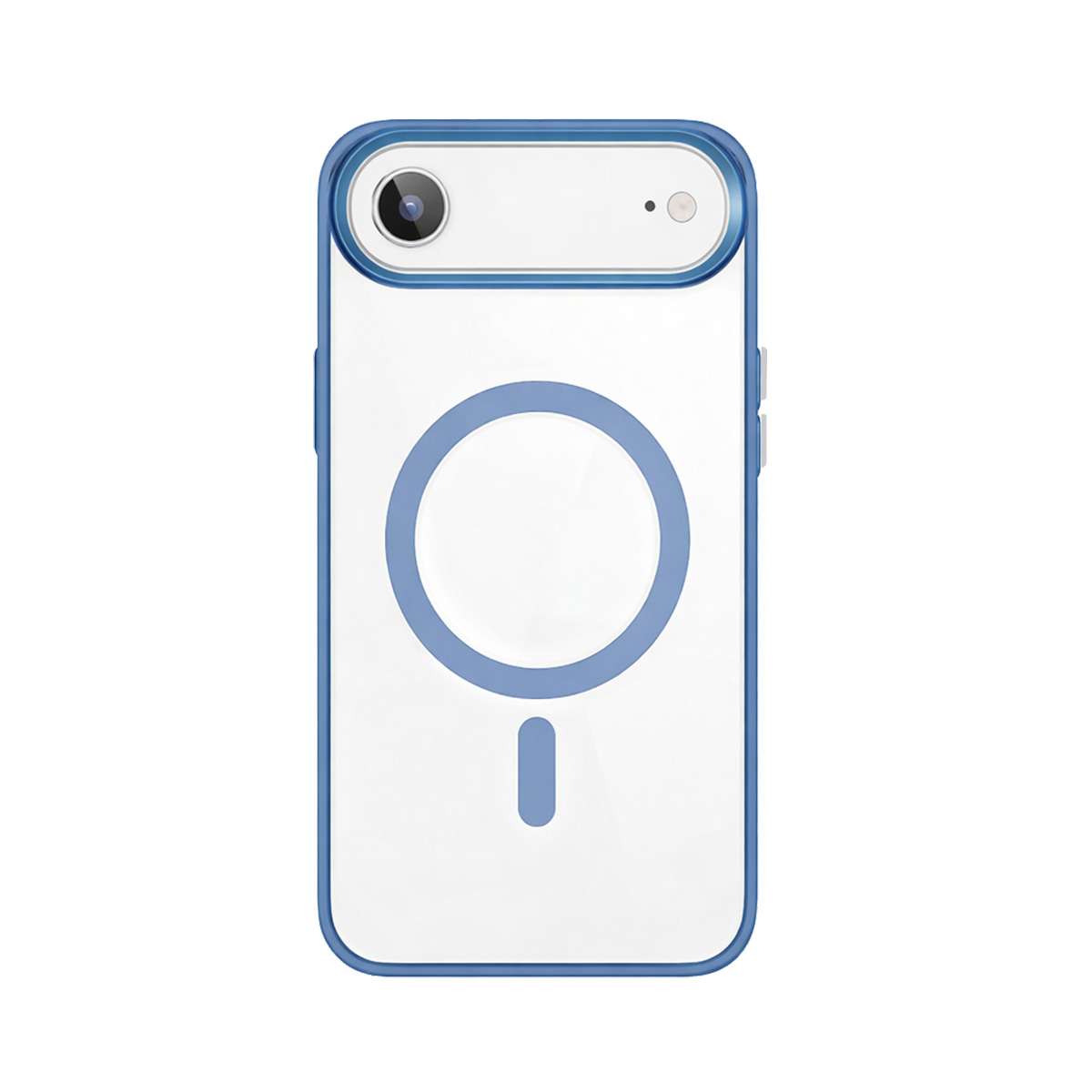 Ein Smartphone in einer klaren Hülle mit blauem Rand und einem runden magnetischen Lade-Ring.