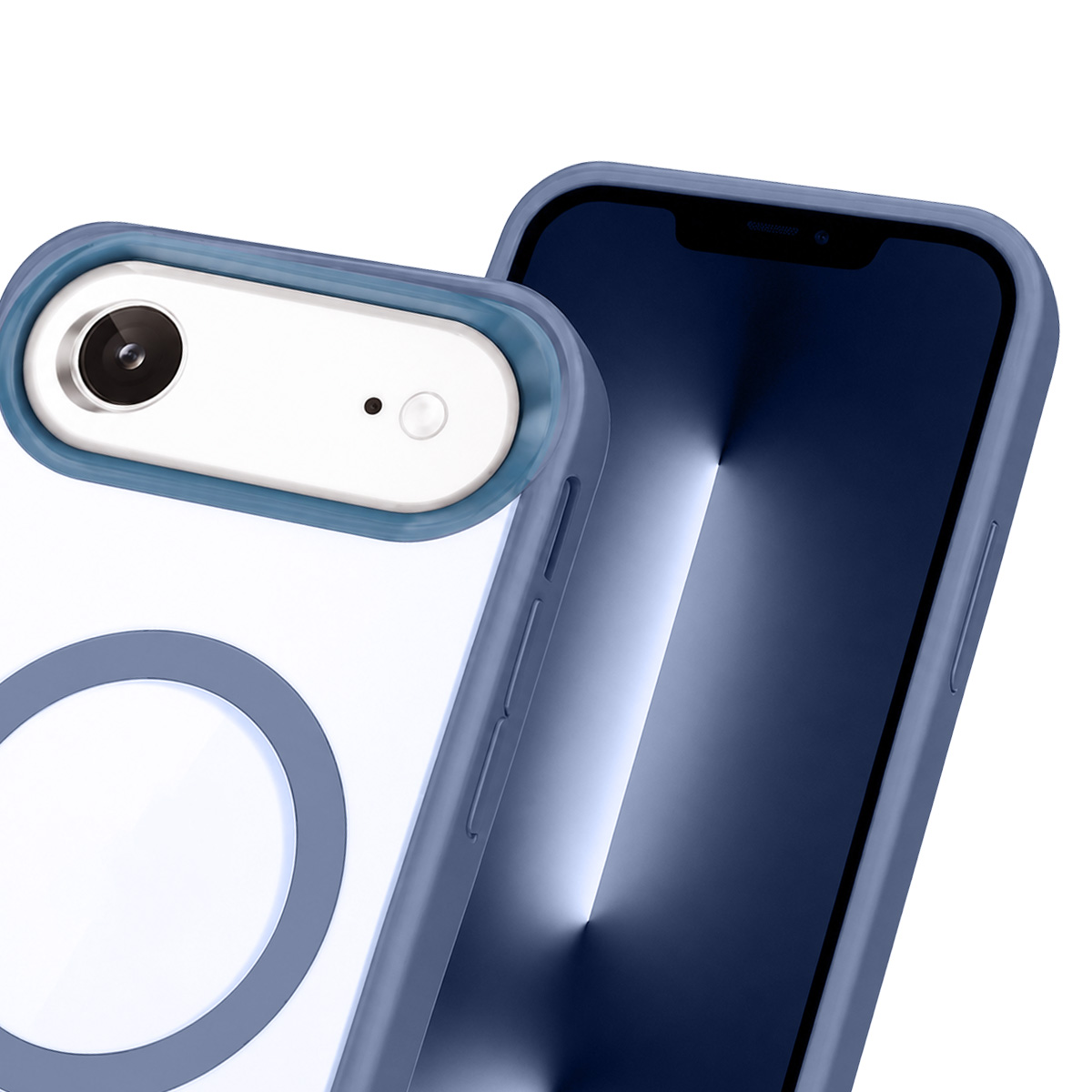 Ein Smartphone in einer blauen Schutzhülle mit sichtbarer Kamera und Magnetring auf der Rückseite.