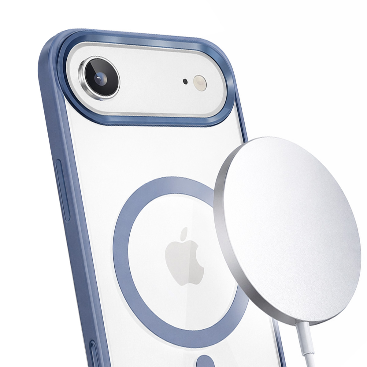 Blaue Schutzhülle auf einem iPhone mit rückseitigem MagSafe-Ladegerät auf weißem Grund.