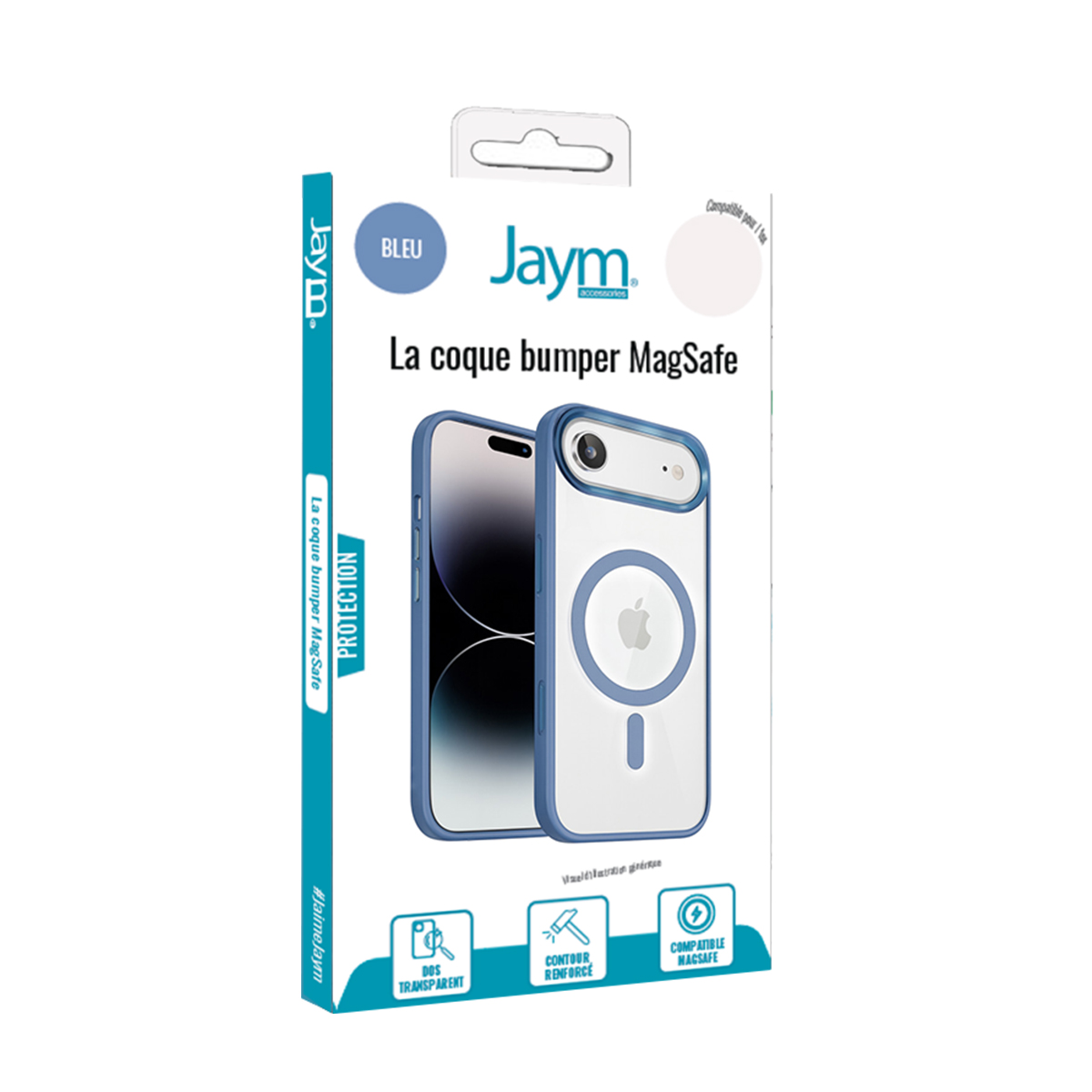 Produktverpackung für Jaym MagSafe Bumper Case in Blau mit transparentem Design und Icons.