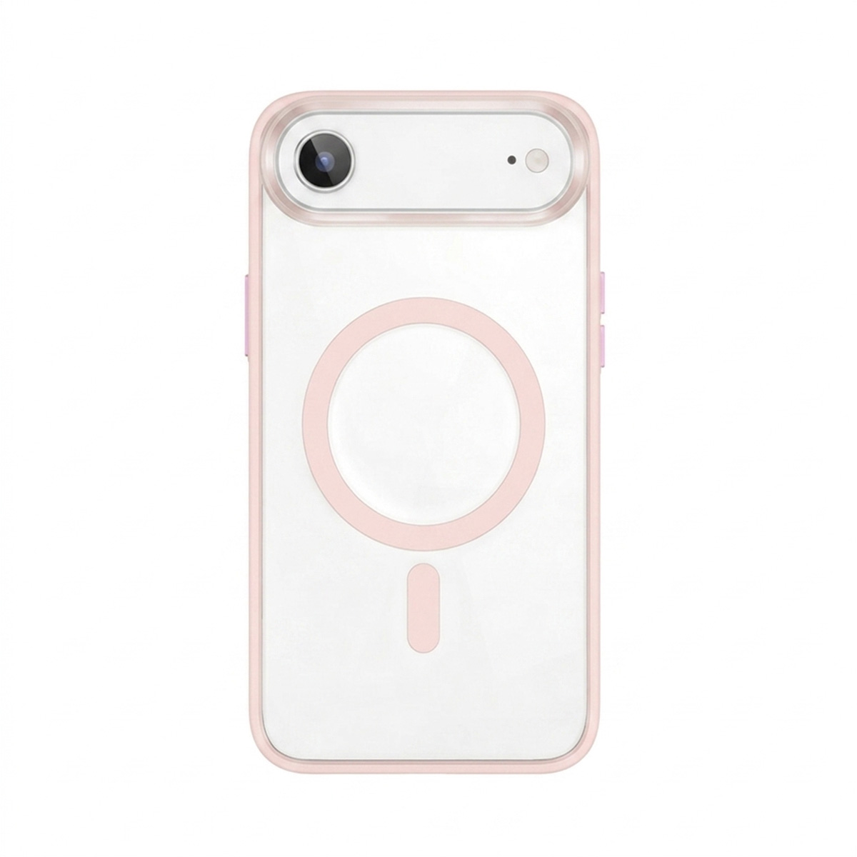 Klare Smartphone-Hülle mit rosa Rand, Magnetring und Kameraausschnitt auf weißem Hintergrund.