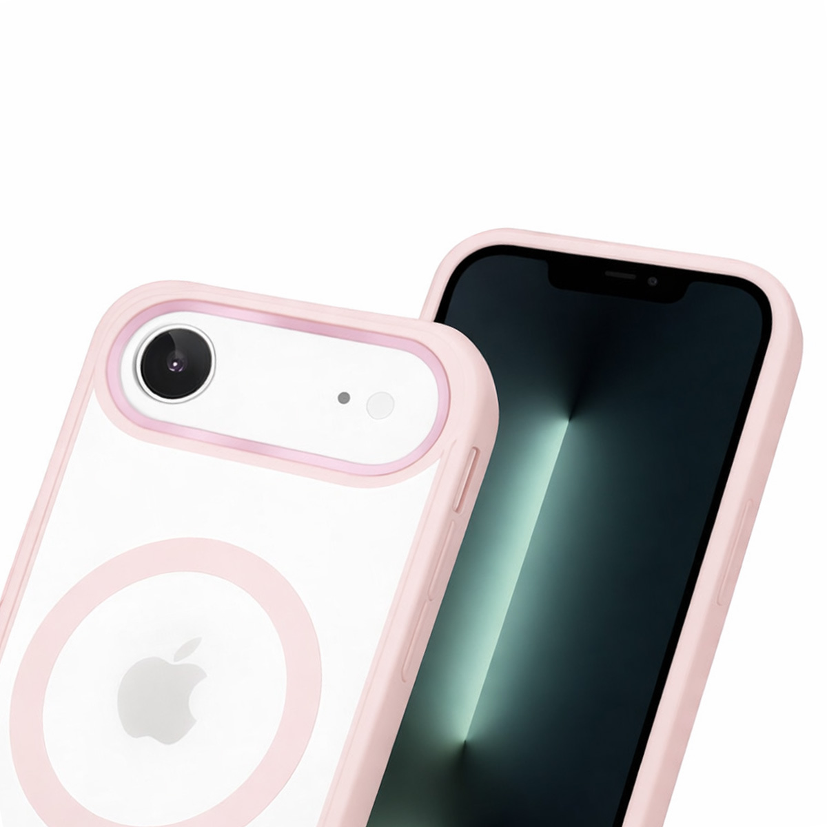 Ein rosafarbener iPhone-Hülle auf einer weißen Oberfläche mit sichtbarem Kamera-Modul und Apple-Logo.