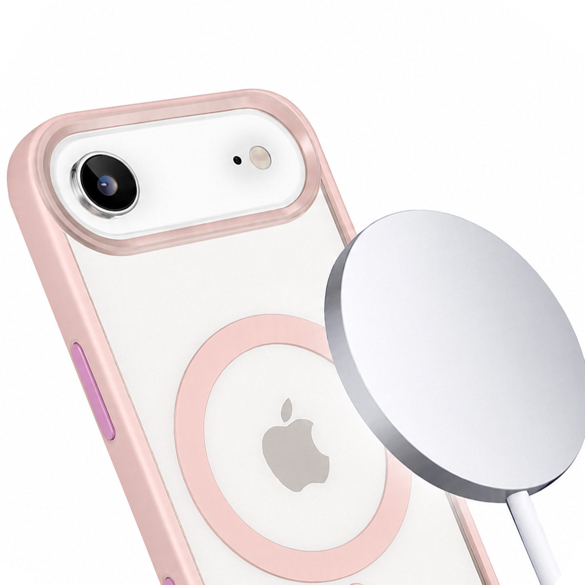 Eine rosa iPhone-Hülle mit einem MagSafe-Ladegerät in der Nähe der Rückseite.