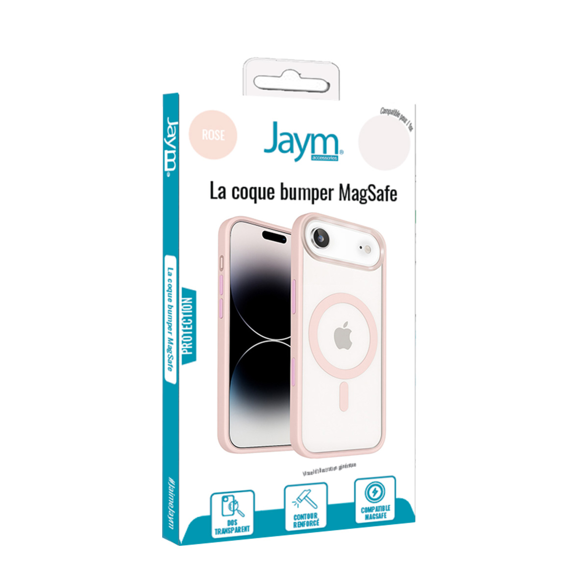 Verpackung für eine rosa MagSafe Bumper-Handyhülle von Jaym, die Vorder- und Rückseite zeigt.