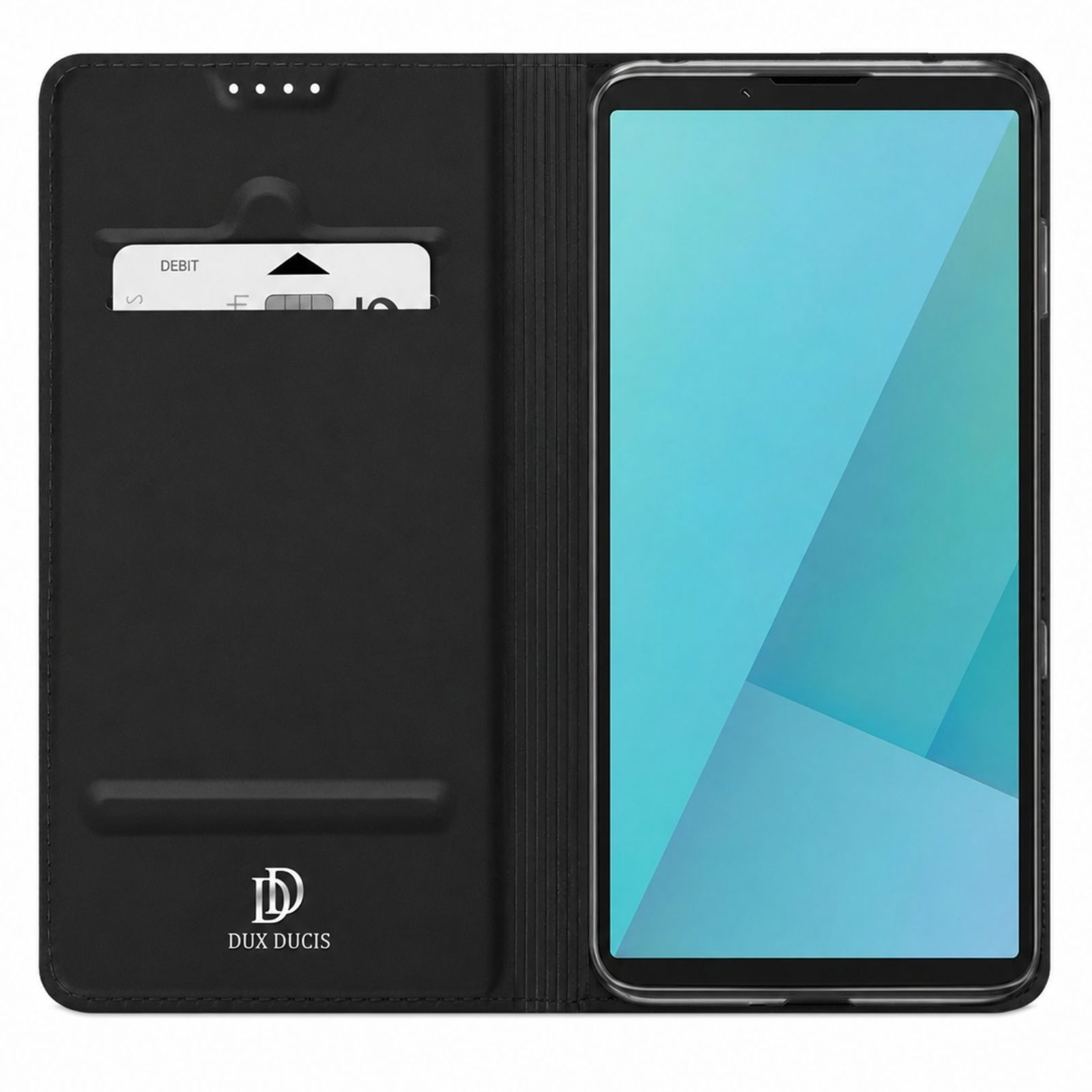 Ein schwarzes Smartphone-Lederetui mit Kartenfach für eine Debitkarte und offenem Telefon mit blauem Bildschirm.