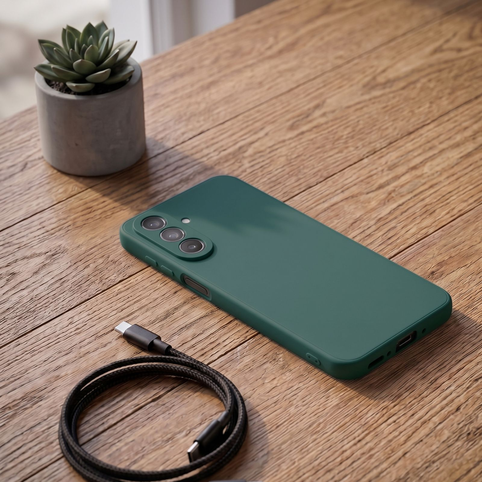 Ein dunkelgrünes Smartphone in einer Hülle auf einem Holztisch, neben einem schwarzen USB-C-Kabel und einer Sukkulente.