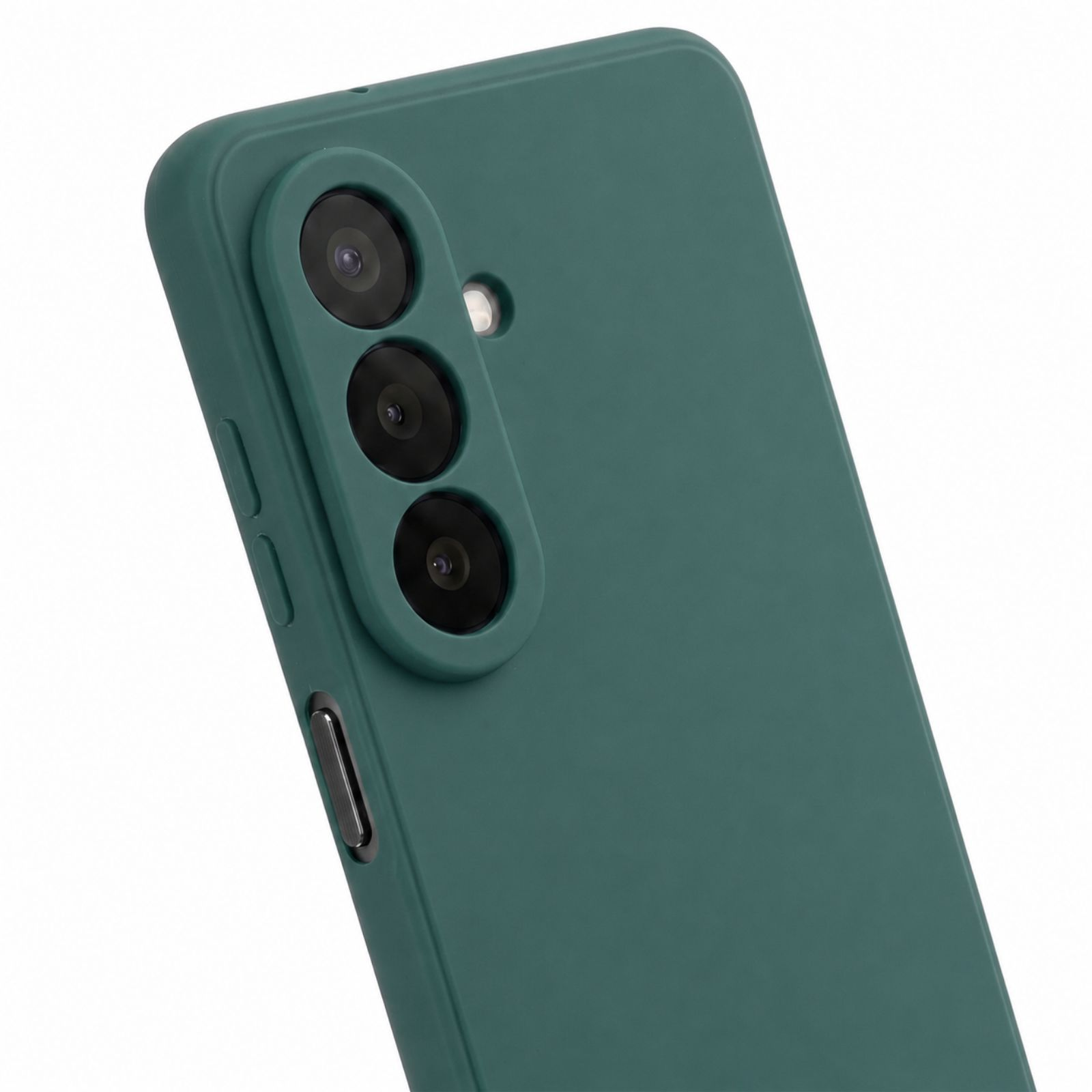 Rückseite eines grünen Smartphones in einer Schutzhülle mit vertikaler Dreifachkamera und Blitzlicht.