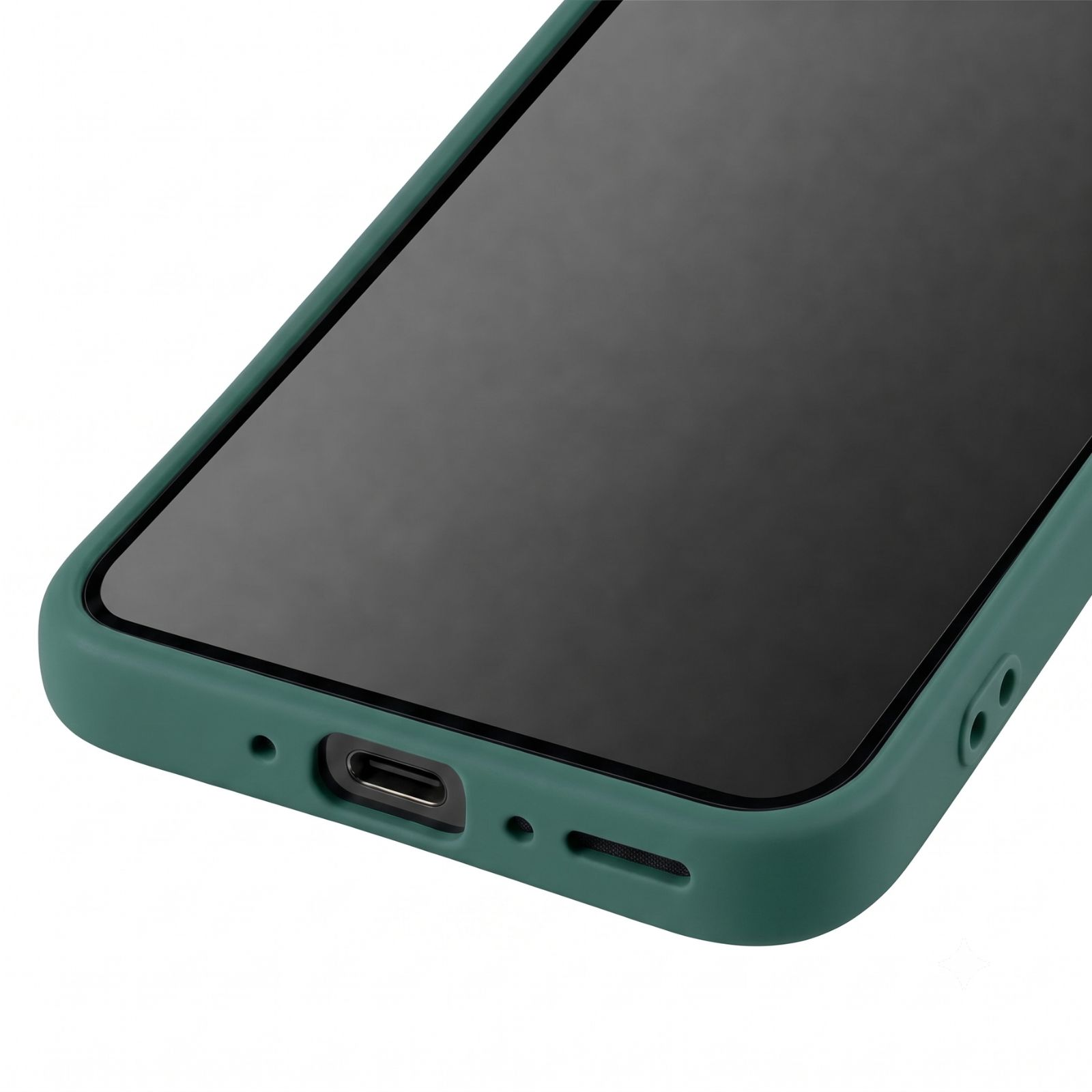 Unterseite eines grünen Smartphone-Case mit USB-C-Anschluss und Lautsprecheröffnungen.