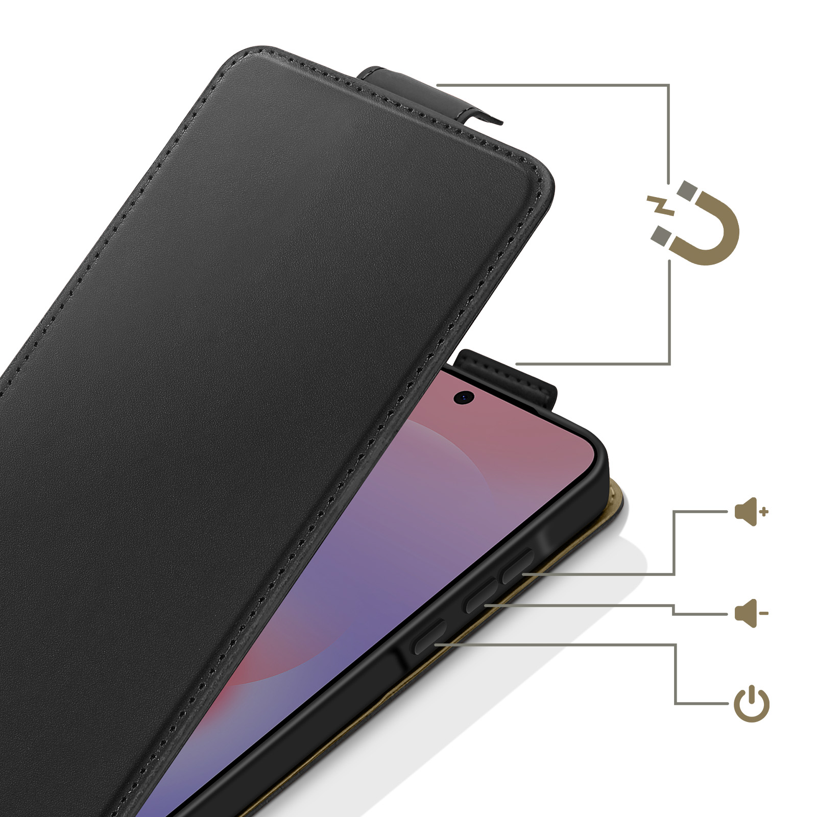 Schwarze Leder-Handyhülle mit Magnetverschluss und Tastenanzeigen.