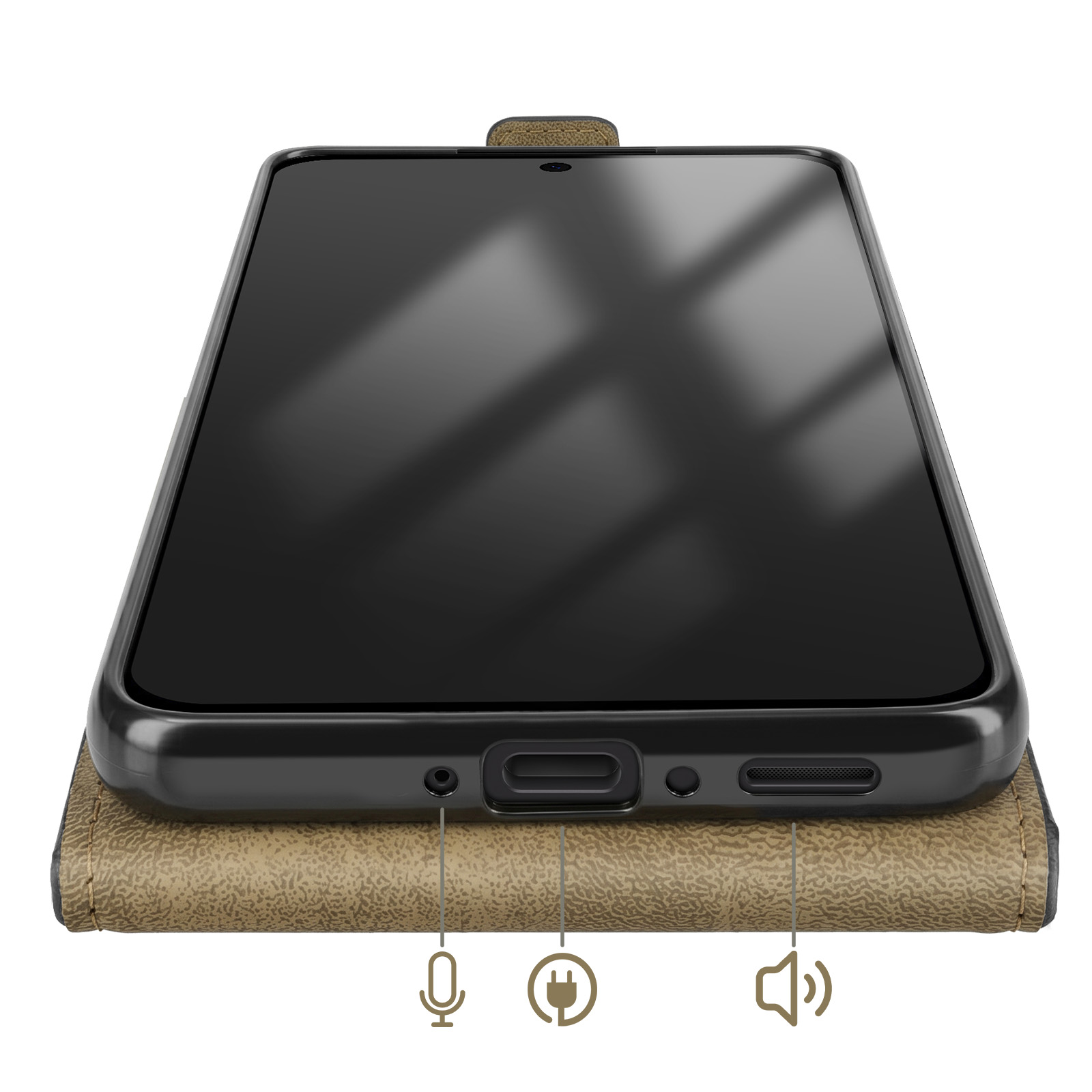 Ein schwarzes Smartphone in brauner Ledertasche zeigt Anschlüsse mit Mikrofon-, Lade- und Lautsprechersymbolen.