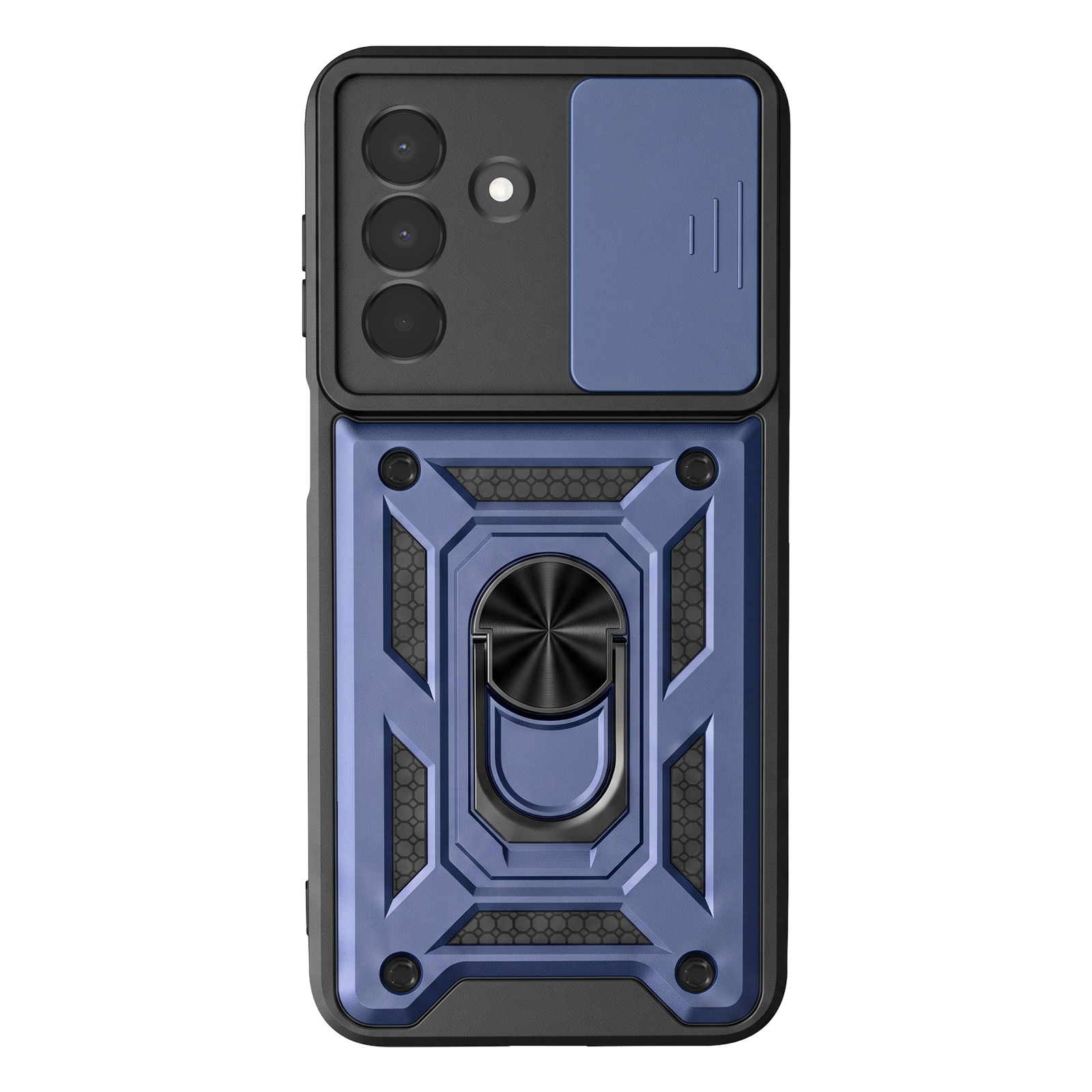 Robustes schwarzes und blaues Smartphone-Case mit Kamera-Schieber und Ringhalter.