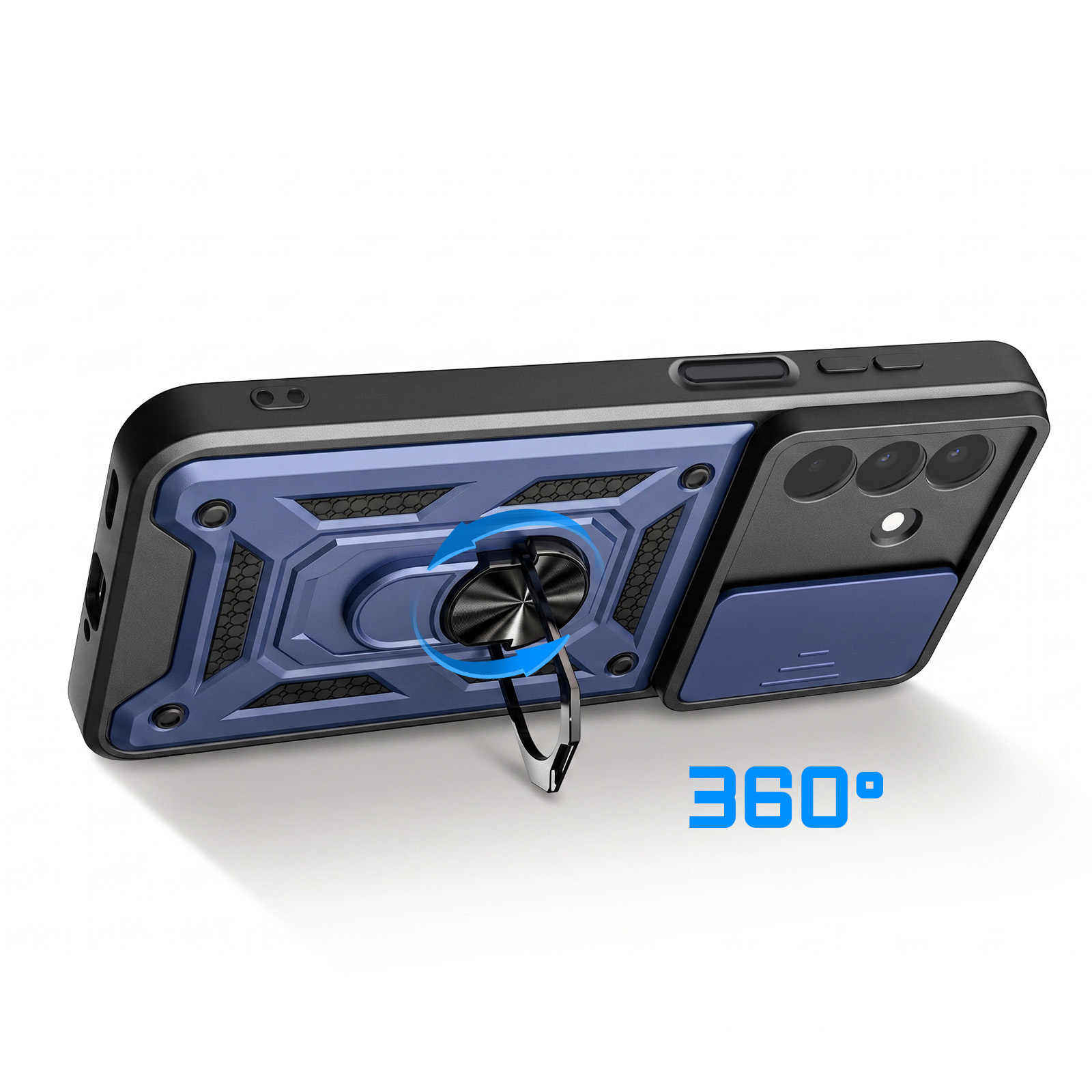 Blaue und schwarze Smartphone-Hülle mit ausklappbarem 360-Grad-Ringhalter und Kamera-Schiebeabdeckung.
