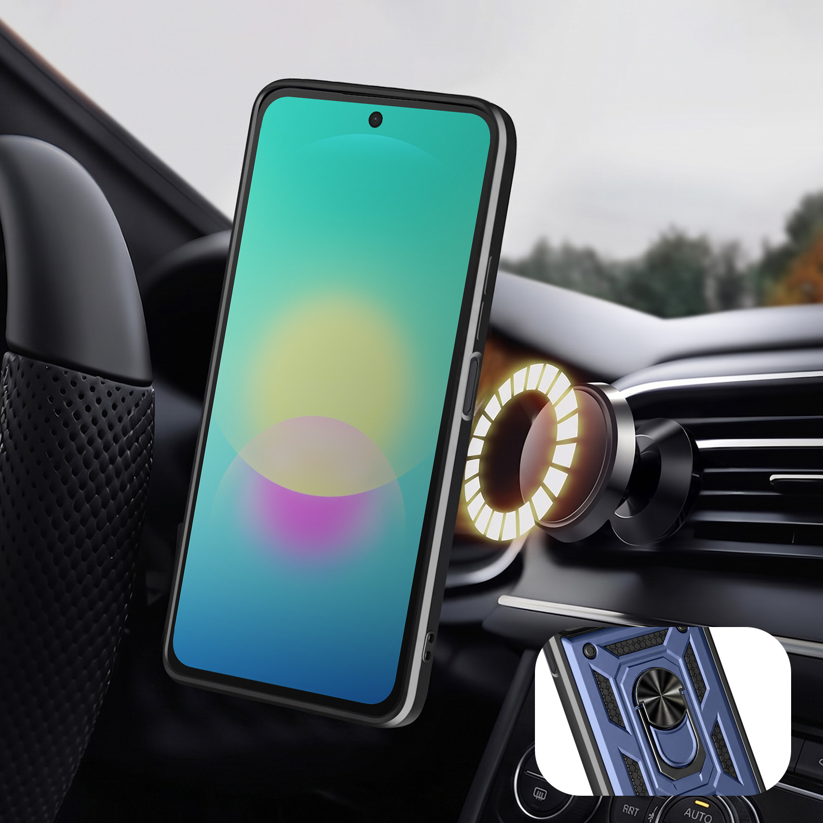 Smartphone in einer Magnethalterung am Lüftungsgitter eines Autos montiert.