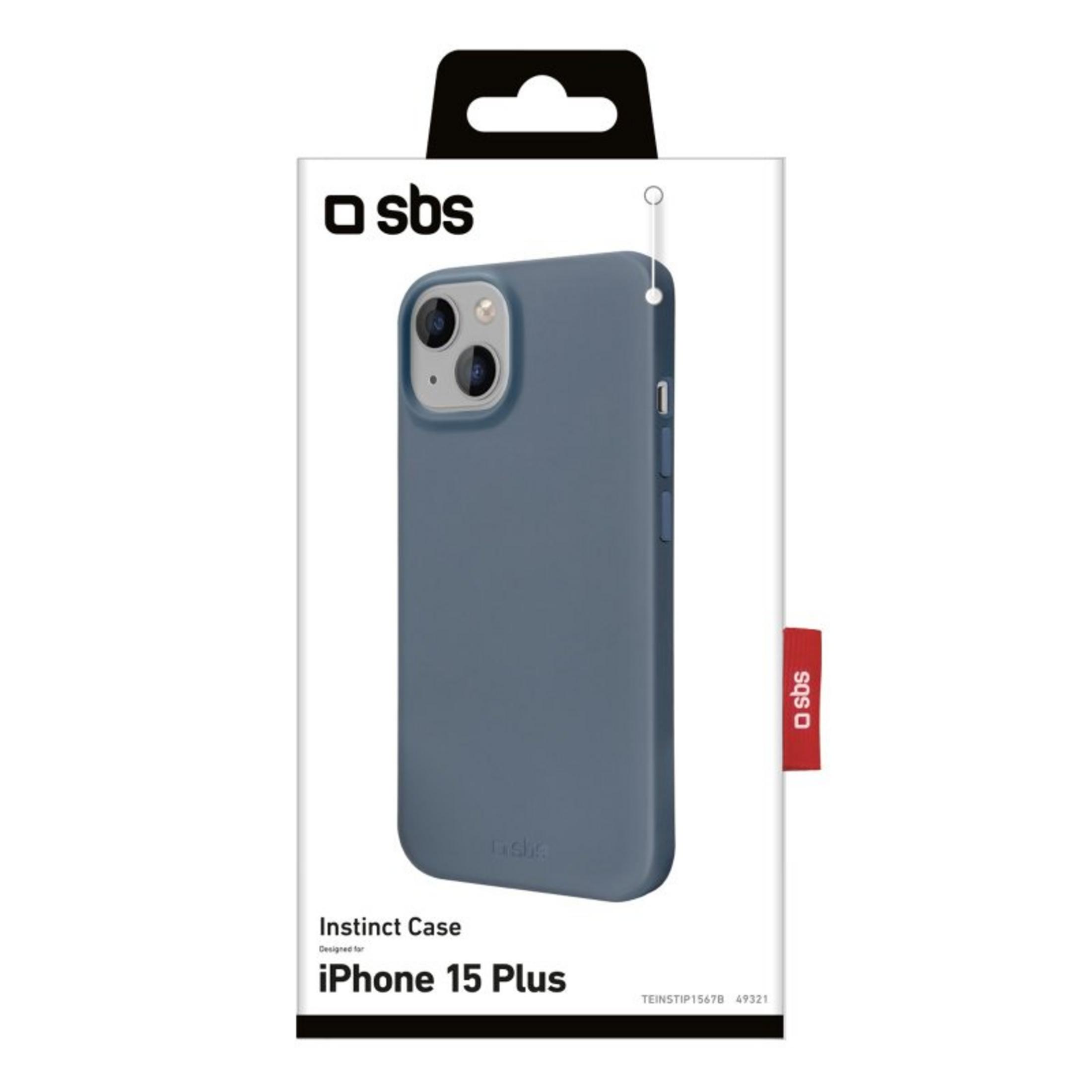 Embalaje para funda SBS Instinct en azul para iPhone 15 Plus, mostrando la funda azul.