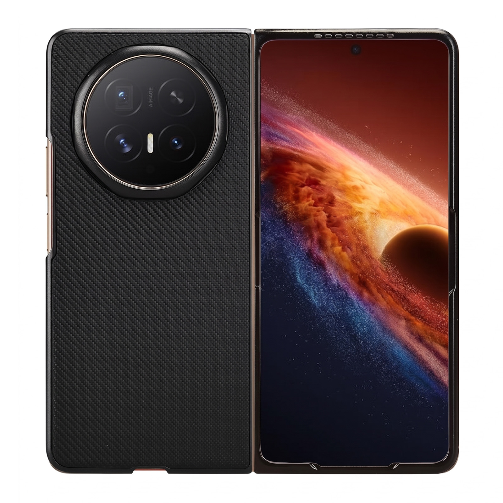 Ein faltbares Smartphone mit schwarzer Hülle, großer runder Kamera auf der Rückseite und farbigem Display.