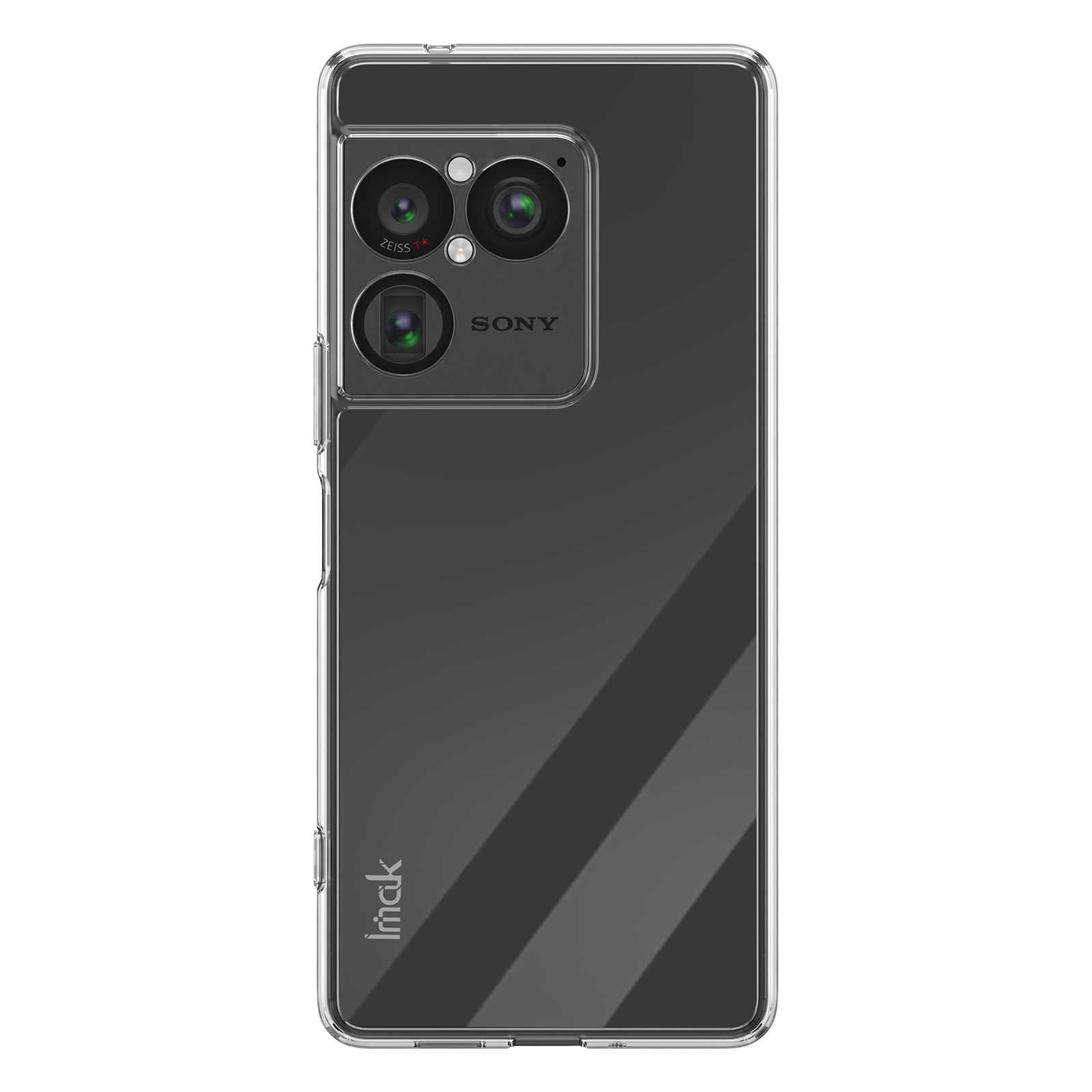 Rückseite eines Sony-Smartphones mit drei Kameraobjektiven, Zeiss-Branding und transparenter Schutzhülle.
