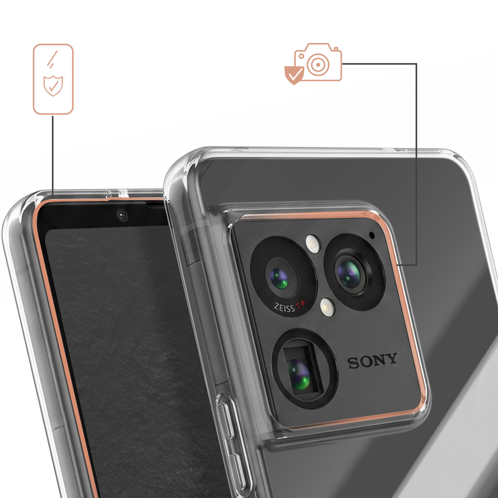 Ein Sony-Smartphone mit klarer Schutzhülle zeigt Sturzschutz und Kamera-Sicherheitsfunktionen.