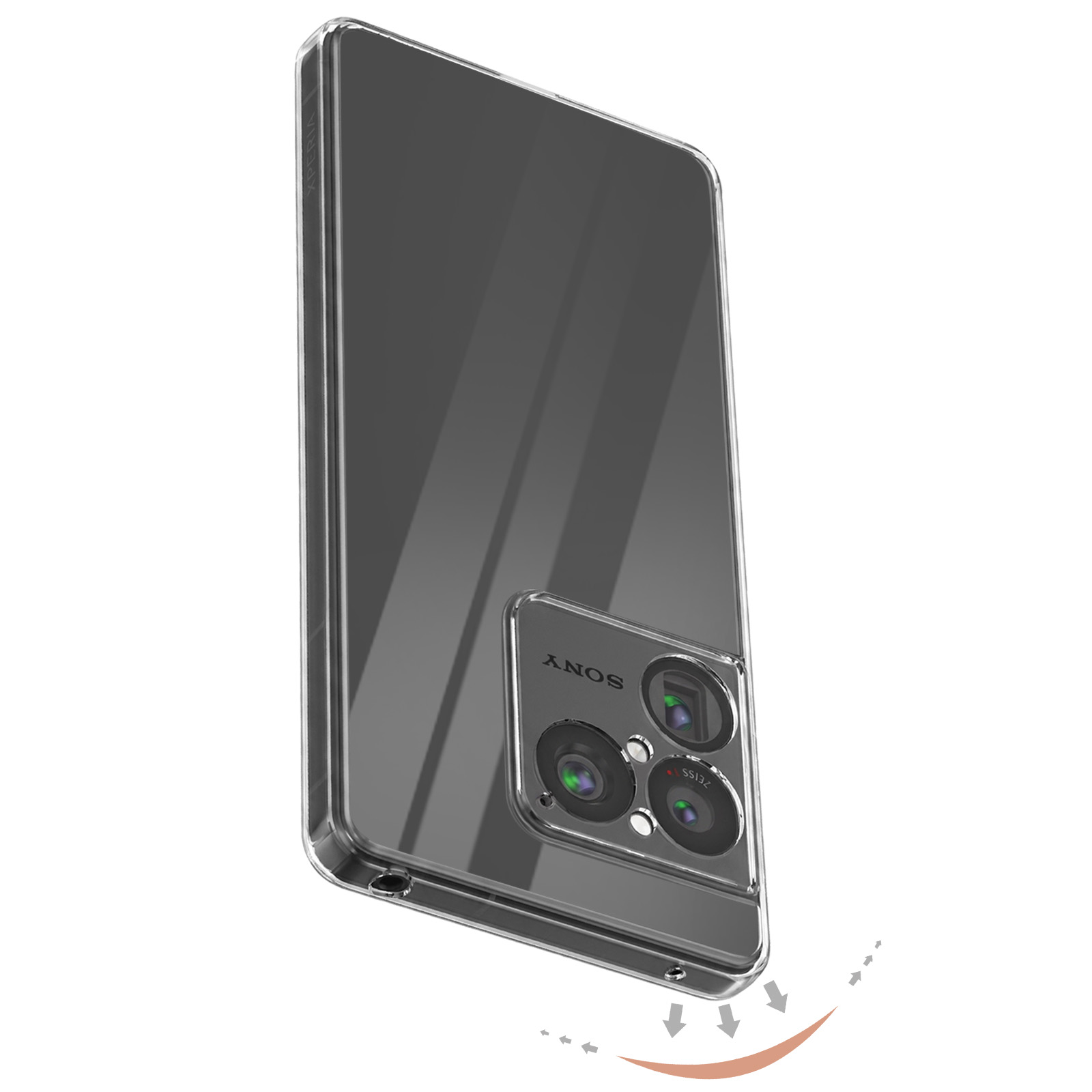 Ein transparentes Smartphone-Gehäuse schützt die Rückseite und die Kameras eines dunklen Mobiltelefons.