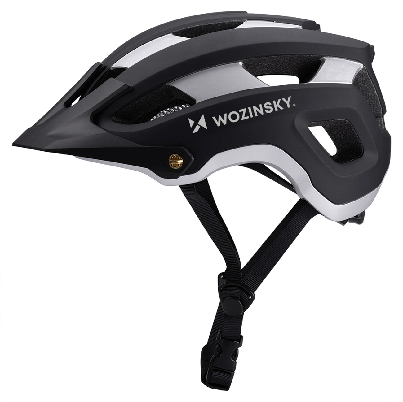 Casco da bicicletta Wozinsky nero e argento con cinghie.