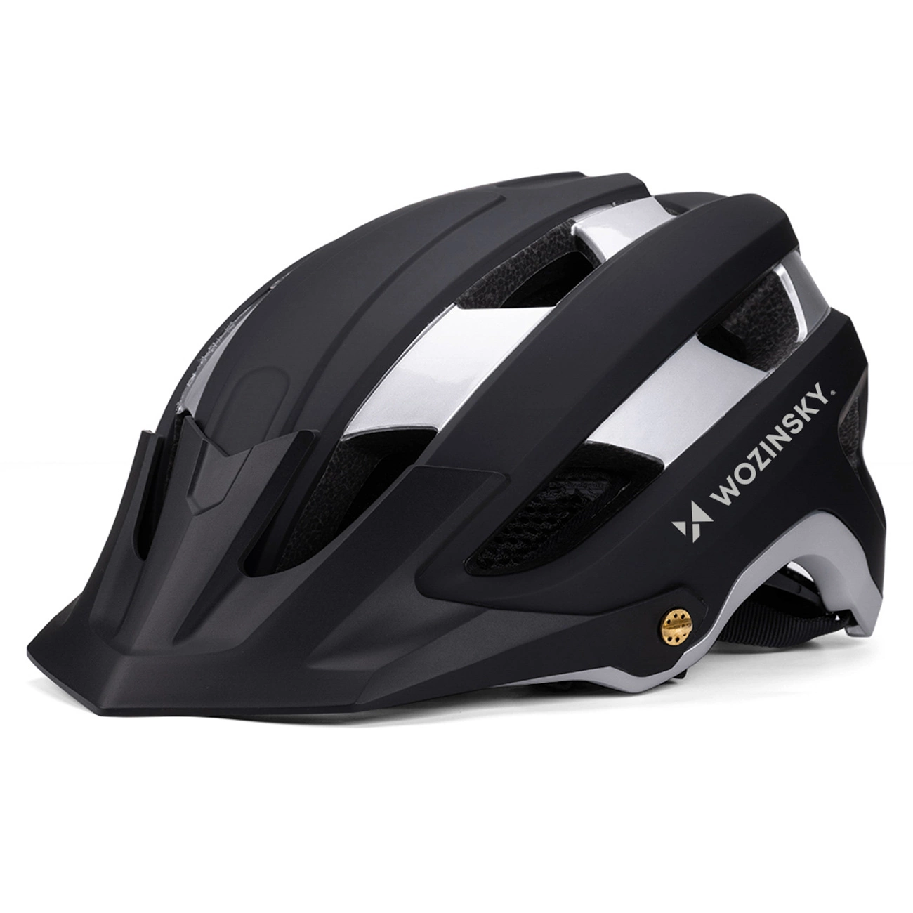 Un casco da bicicletta nero opaco e argento con prese d'aria e il marchio Wozinsky sul lato.