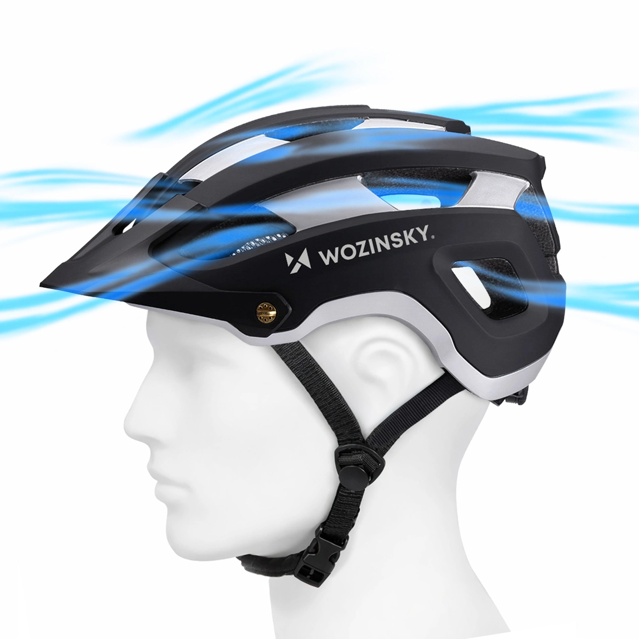 Un casco da bicicletta nero Wozinsky su una testa di manichino bianca con linee di flusso del vento.
