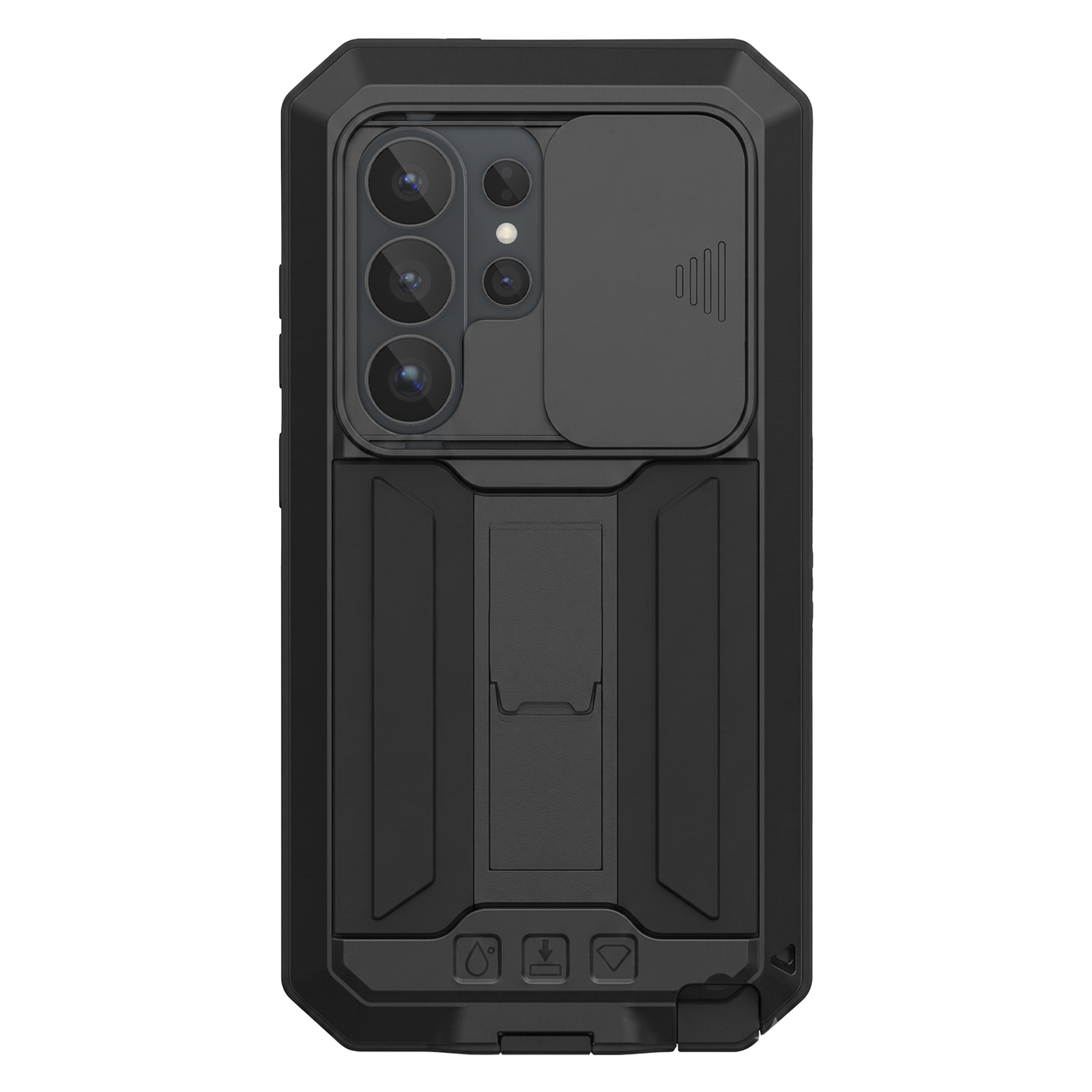 Eine schwarze, robuste Smartphone-Hülle mit verschiebbarer Kameraabdeckung und integriertem Ständer.