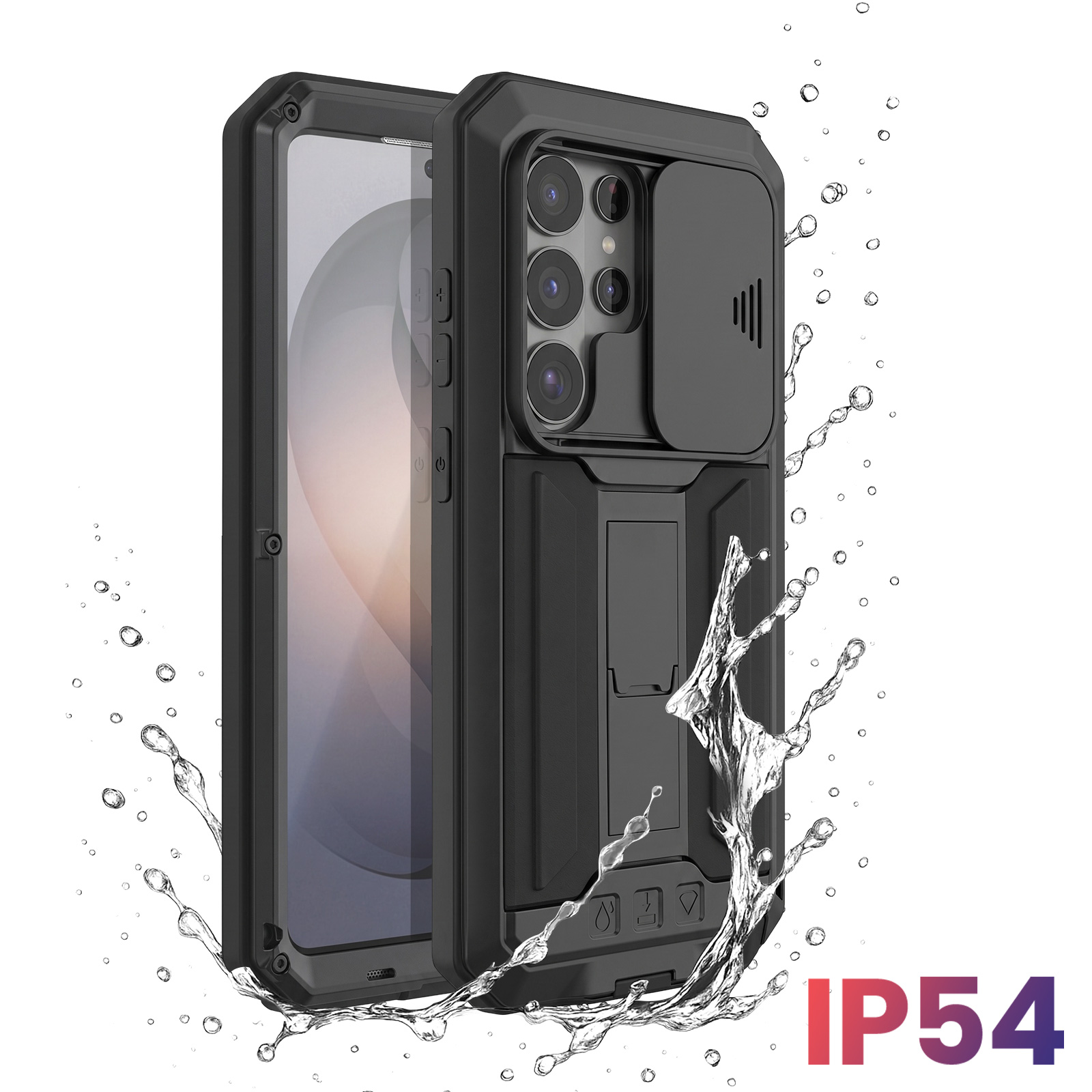 Robuste schwarze Smartphone-Hülle mit Kamera-Schieber und Wasserspritzern, IP54.
