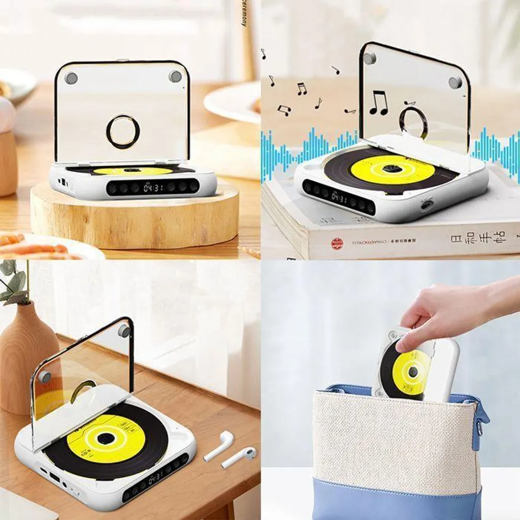 Ein weißer tragbarer CD-Player mit einer gelben Disc spielt Musik, gezeigt in verschiedenen Innenräumen und beim Einpacken.