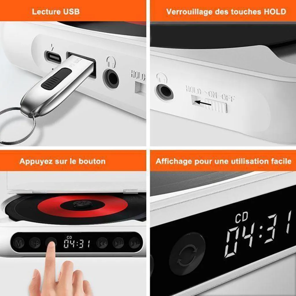 Vierteiliges Bild eines weißen CD-Players mit USB-Anschluss, Hold-Schalter, Steuertasten und Display.