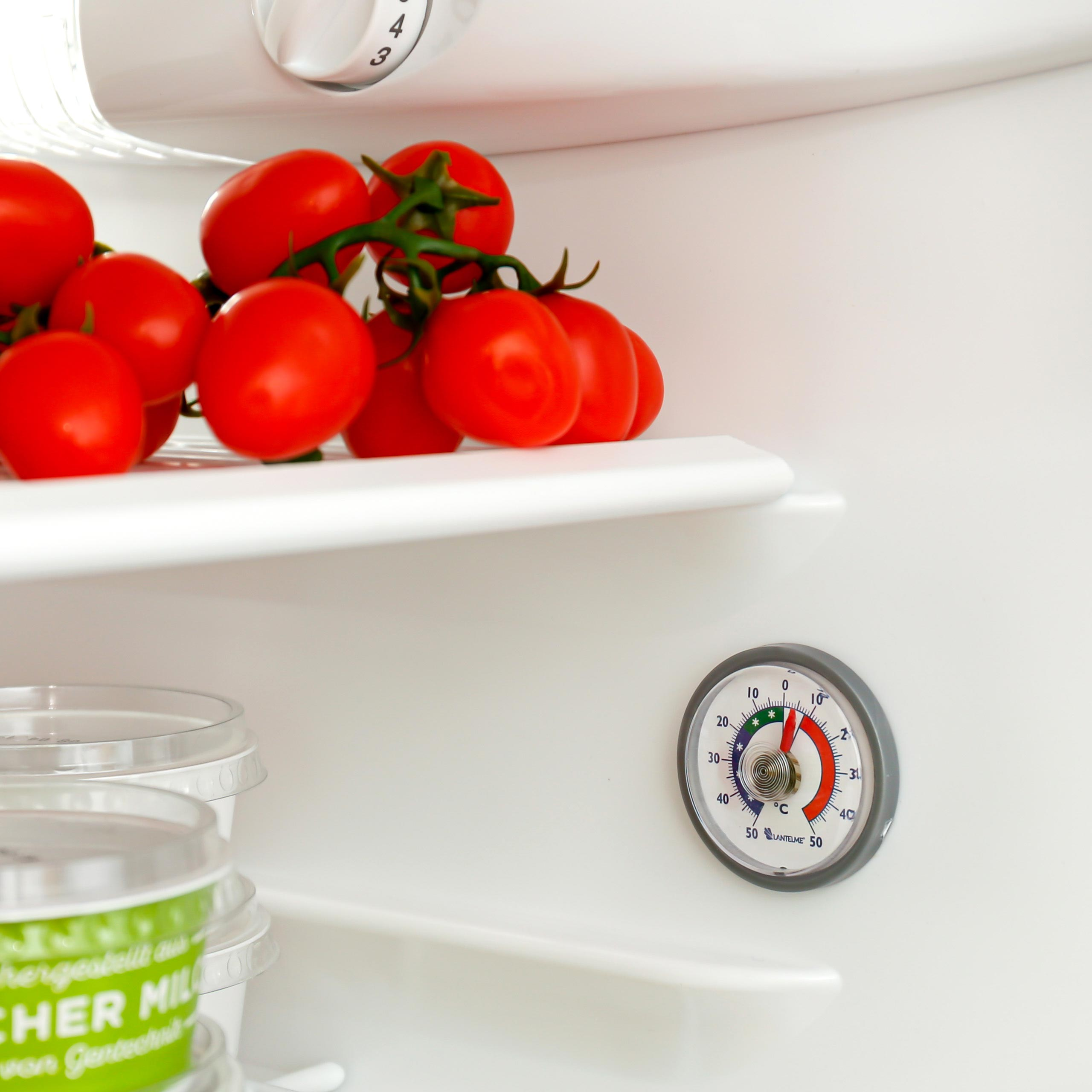 Ein Kühlschrankinnenraum mit roten Tomaten im oberen Regal und einem runden analogen Thermometer an der Rückwand.