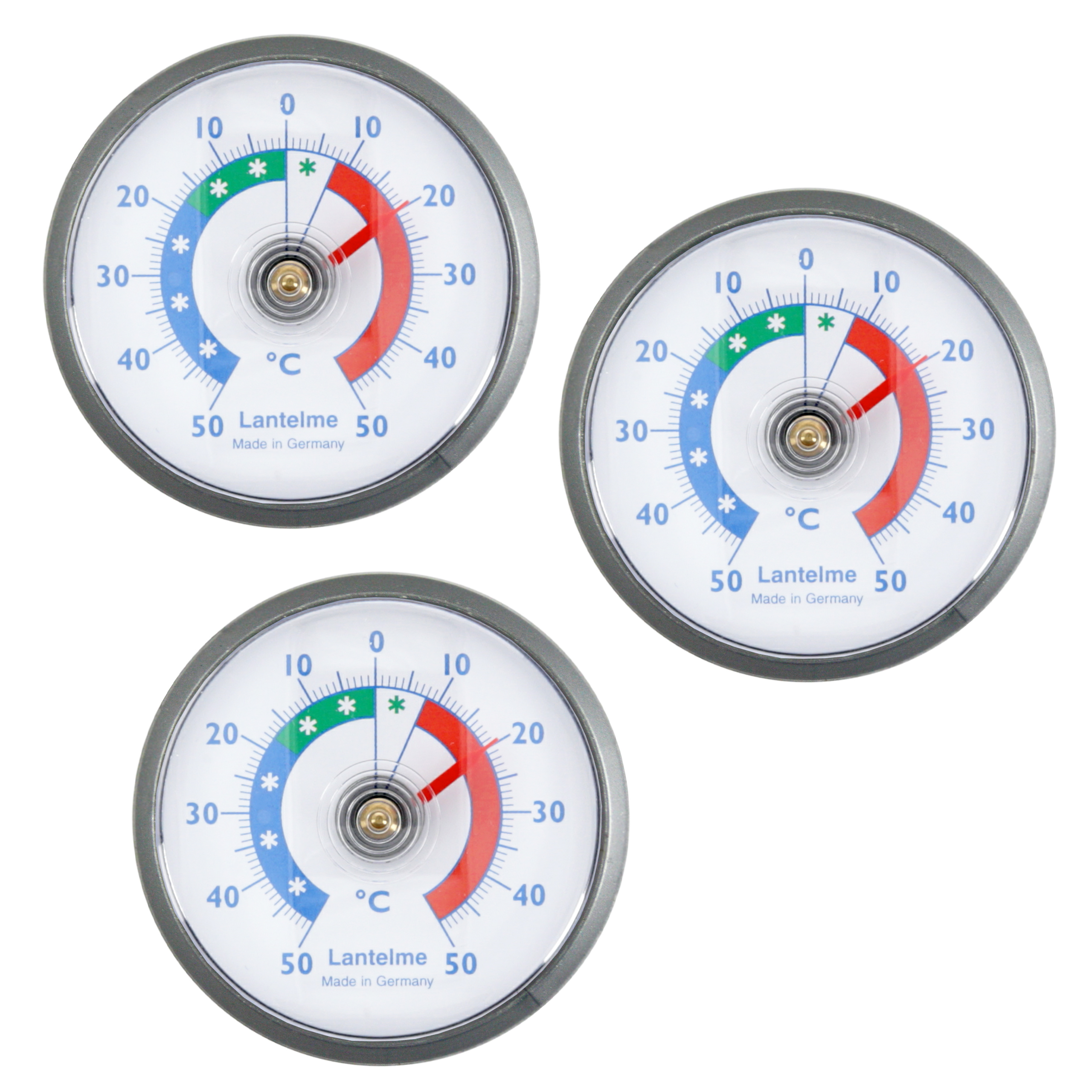 Drei runde Lantelme-Thermometer in Celsius mit roten, grünen und blauen Zonen vor weißem Hintergrund.