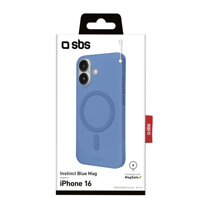 Blaue MagSafe-Handyhülle für iPhone 16 in weißer SBS-Verpackung mit schwarzem Logo.