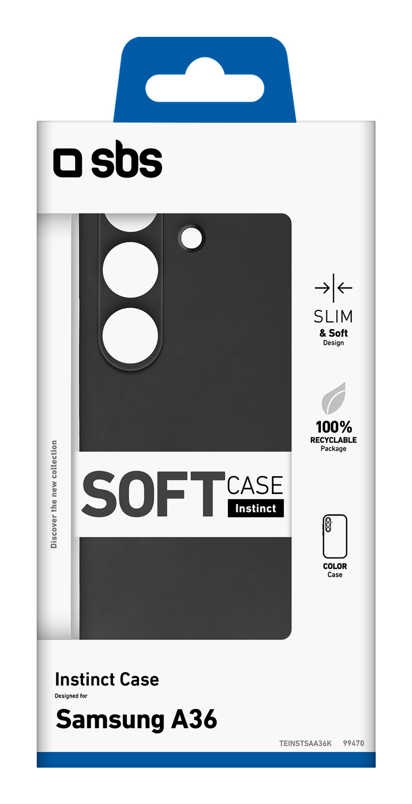 Weiße und blaue SBS-Verpackung mit schwarzem Soft Case für Samsung A36.