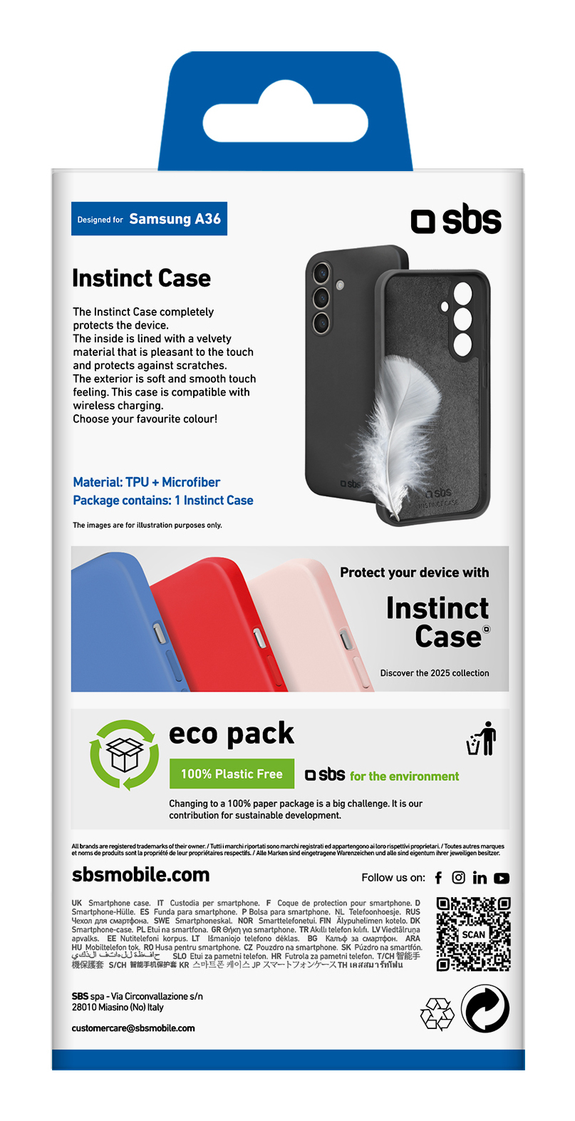 Verpackung der Instinct Smartphone-Hülle mit Produktbeschreibung, Bildern und Eco-Pack-Logo.