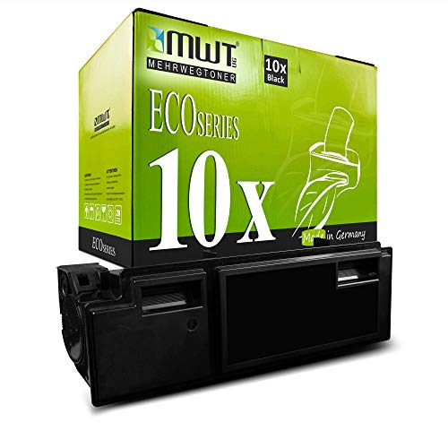 Eine grüne MWT Eco Series Tonerkartonverpackung mit einem schwarzen Toner unten auf weißem Hintergrund.