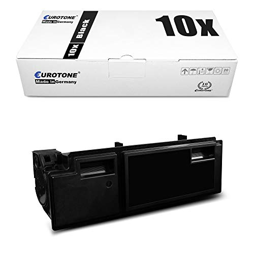 Eine schwarze Tonerpatrone liegt unter einer weißen Eurotone-Schachtel mit der Aufschrift 10x Black.