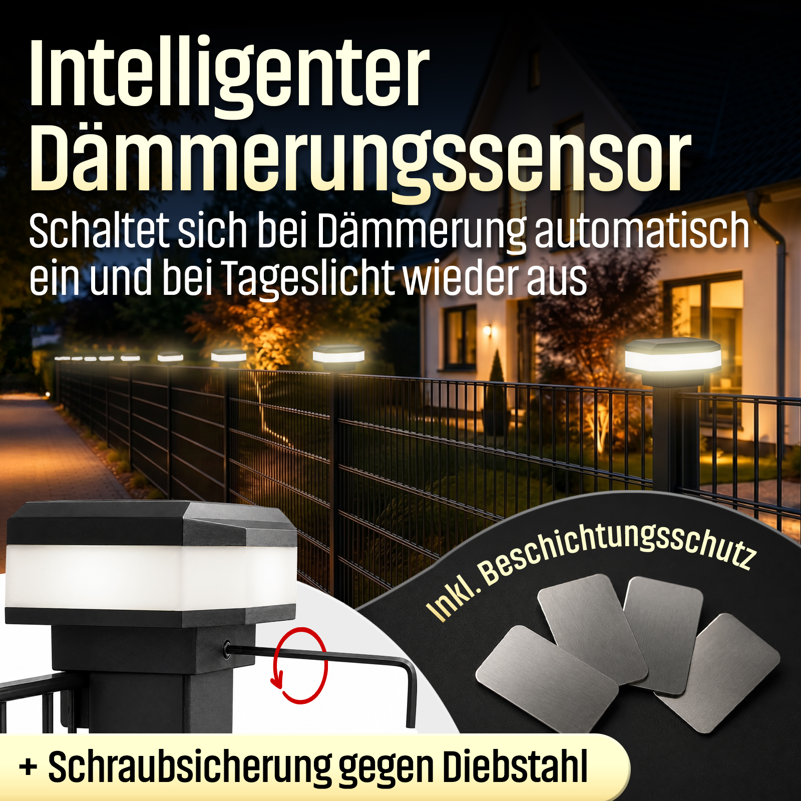 Solar-Wegeleuchten mit Dämmerungssensor an einem Metallzaun, inklusive Diebstahlsicherung und Beschichtungsschutz.