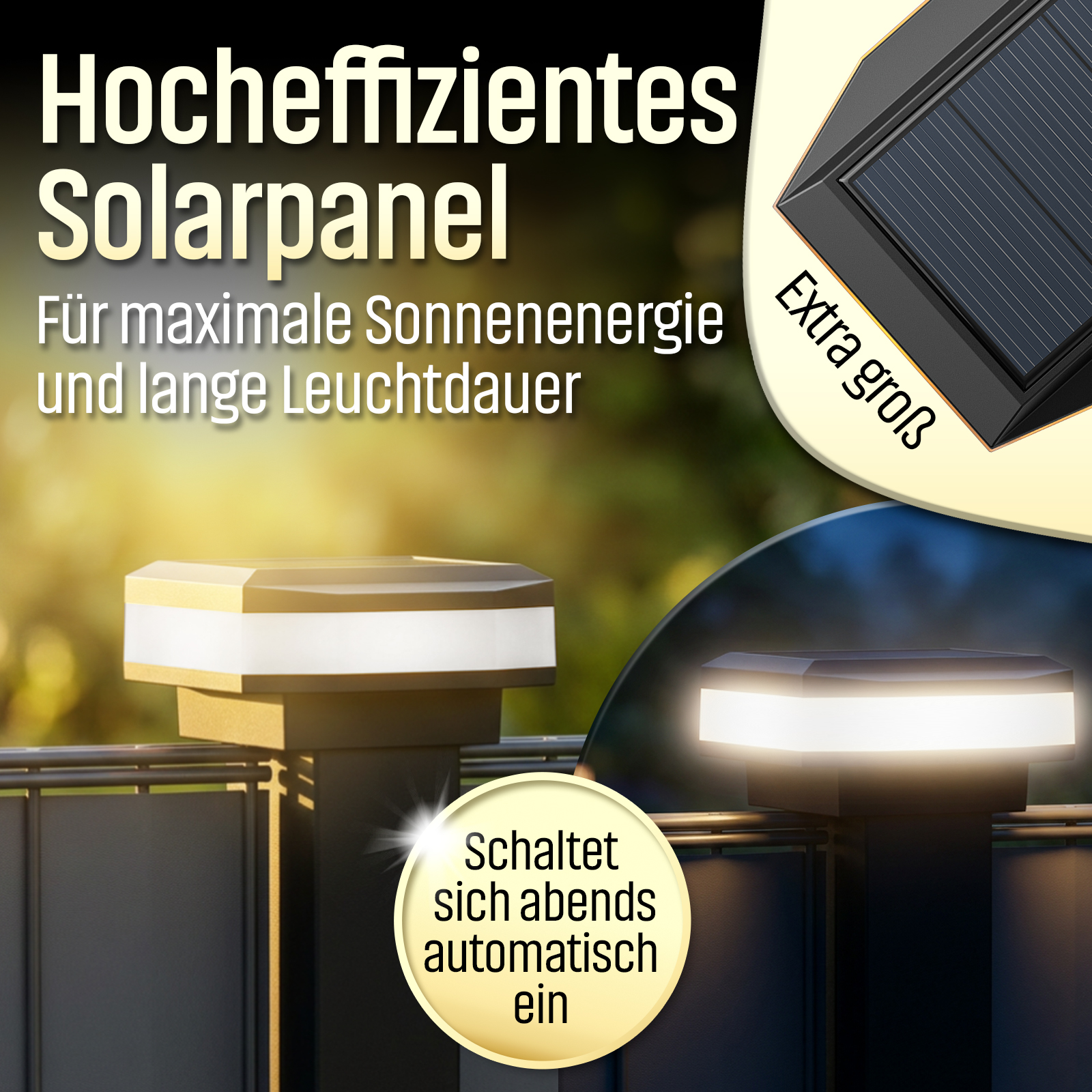 Solar-Pfostenleuchte mit großem Solarpanel und automatischem Abendlicht.
