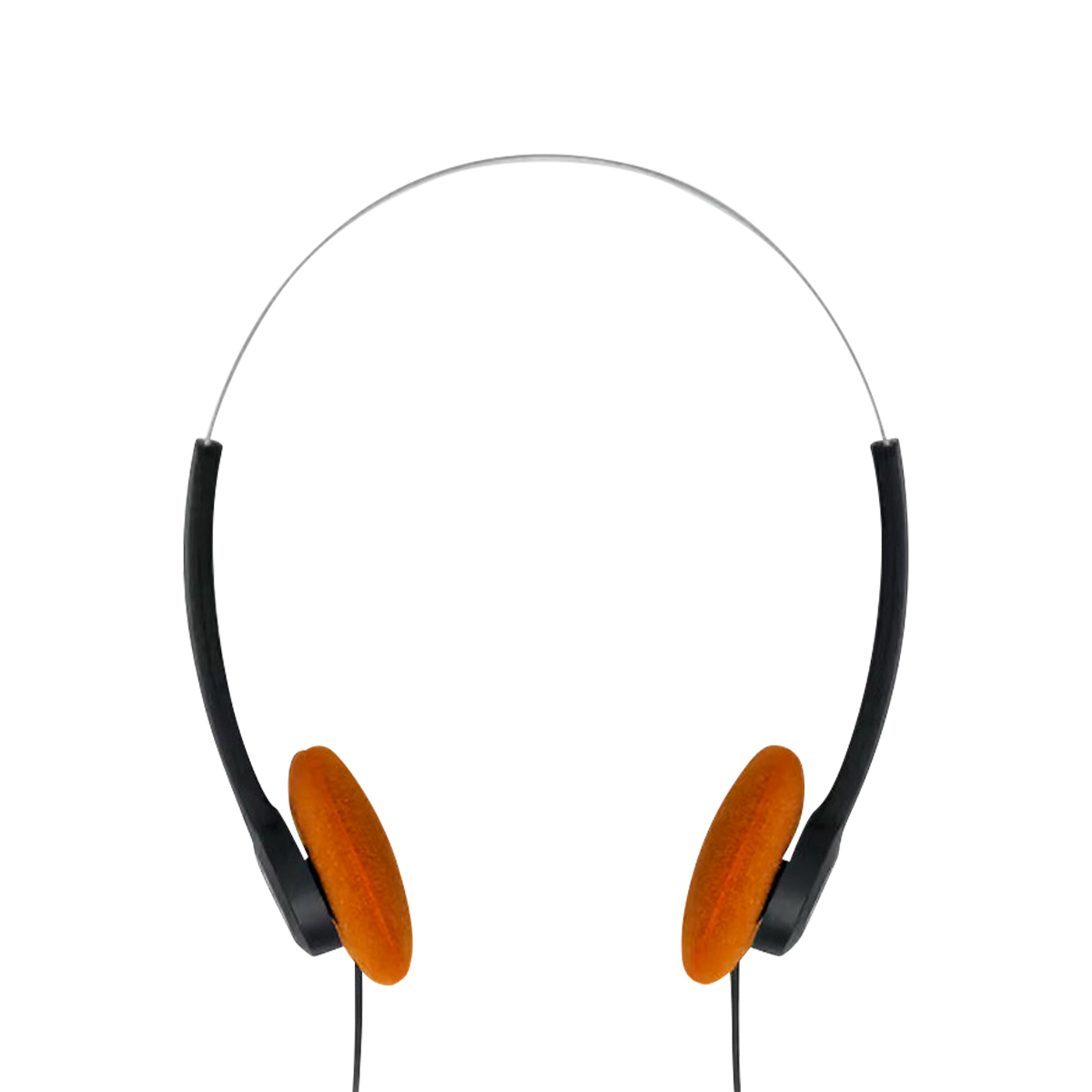 Leichtes schwarzes Headset mit hellen orangefarbenen Schaumstoffpolstern und einem dünnen Metallbügel.